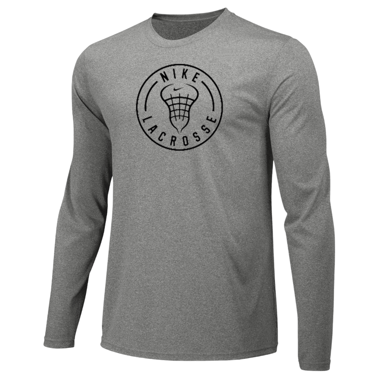 Nike Dri-Fit LS T-Shirt in gray, showcasing a black "Nike Lacrosse" logo alongside a central lacrosse net graphic on the chest, presented on a plain white background.