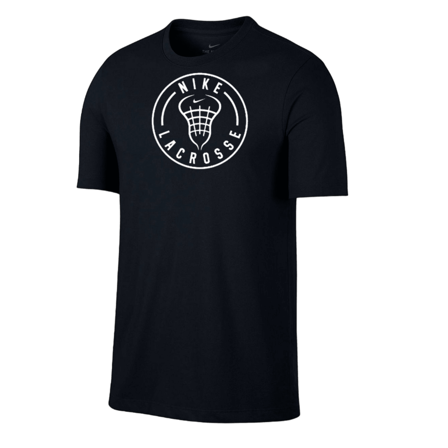 Nike Dri-Fit SS T-Shirt in black, showcasing a white Nike logo along with a lacrosse net illustration at the center.