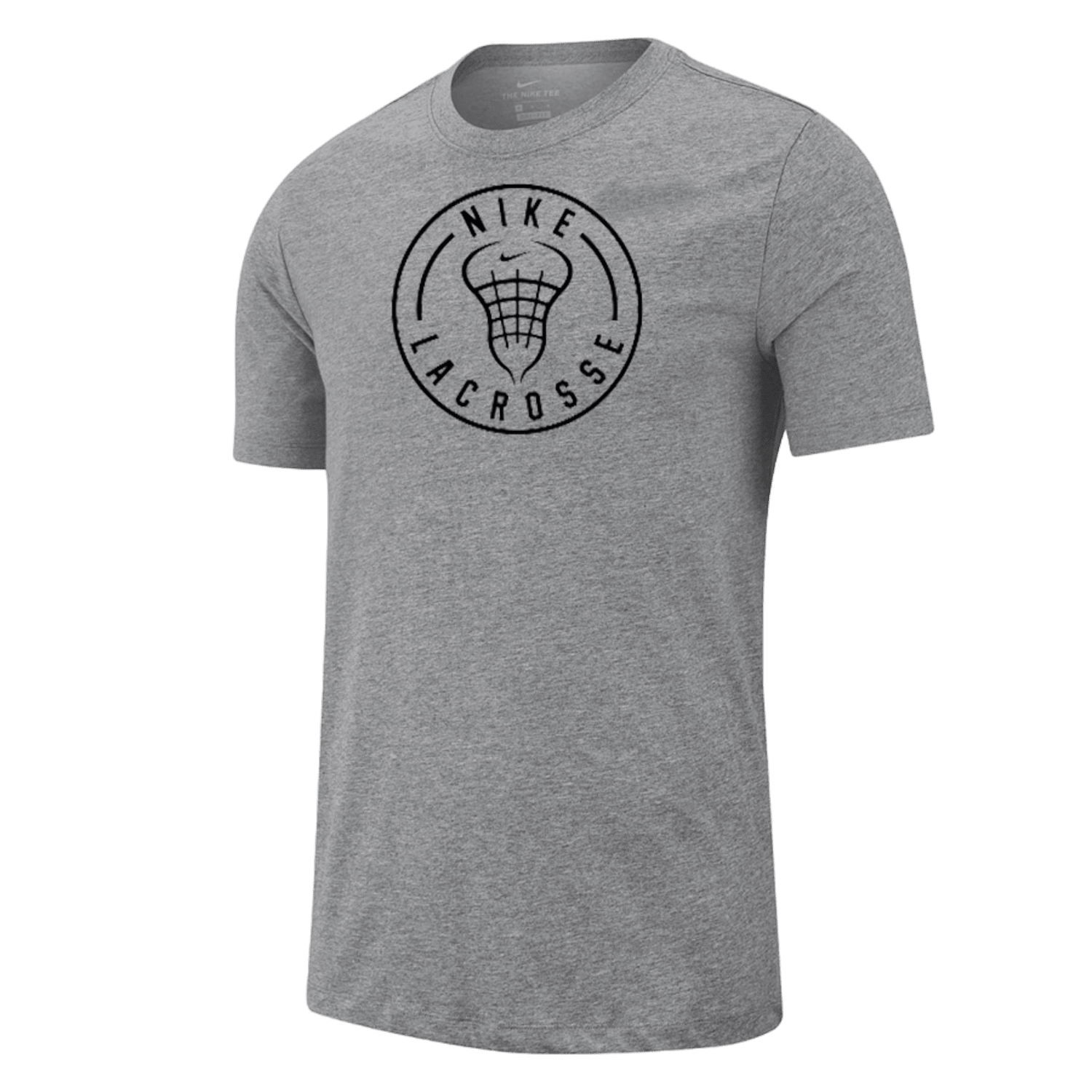 The gray Nike Dri-Fit SS T-Shirt showcases a black circular "NIKE LACROSSE" logo with a stylized lacrosse net in the center.