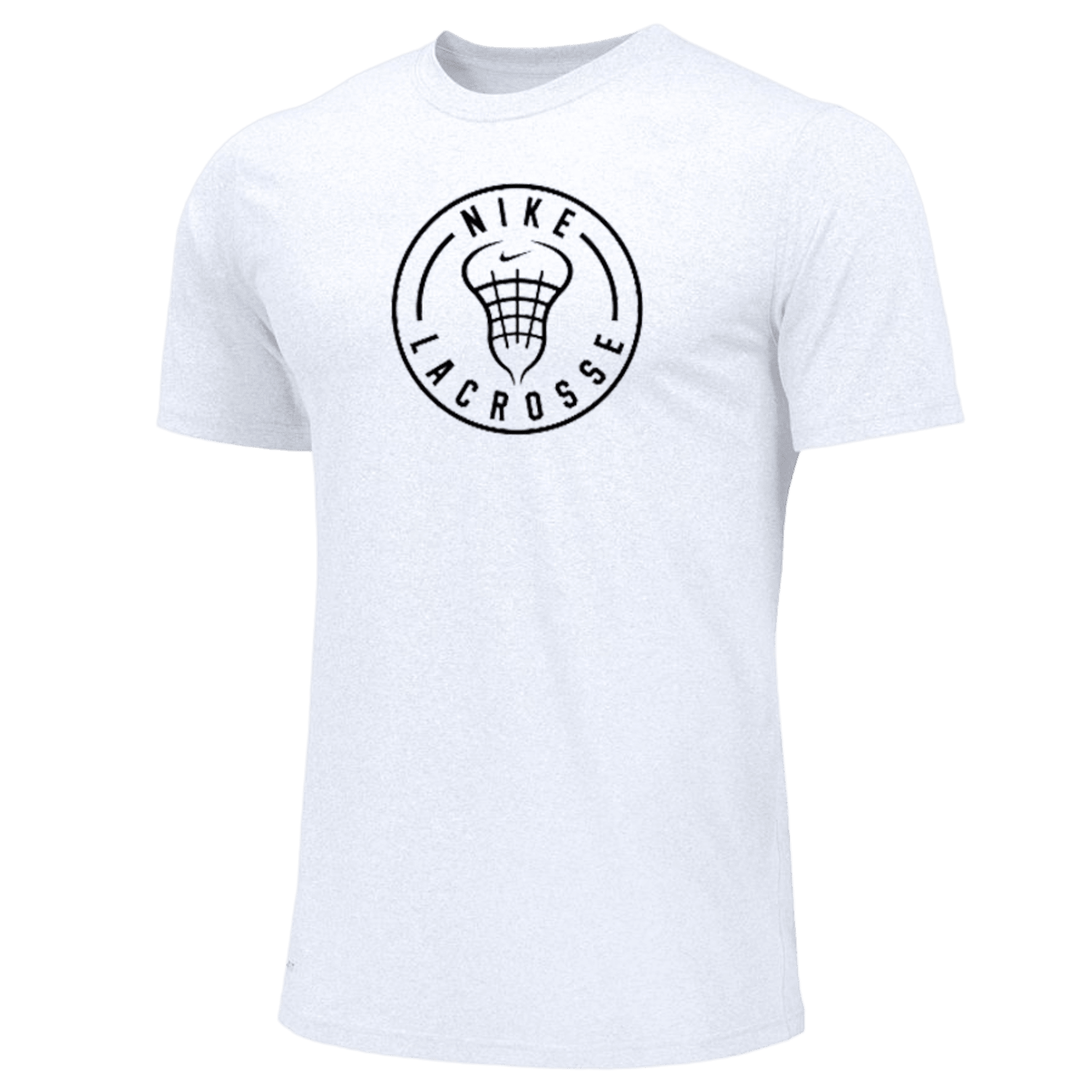 A white Nike Dri-Fit SS T-Shirt showcasing a circular logo with the words "Nike Lacrosse" and a graphic depicting a lacrosse net and ball.