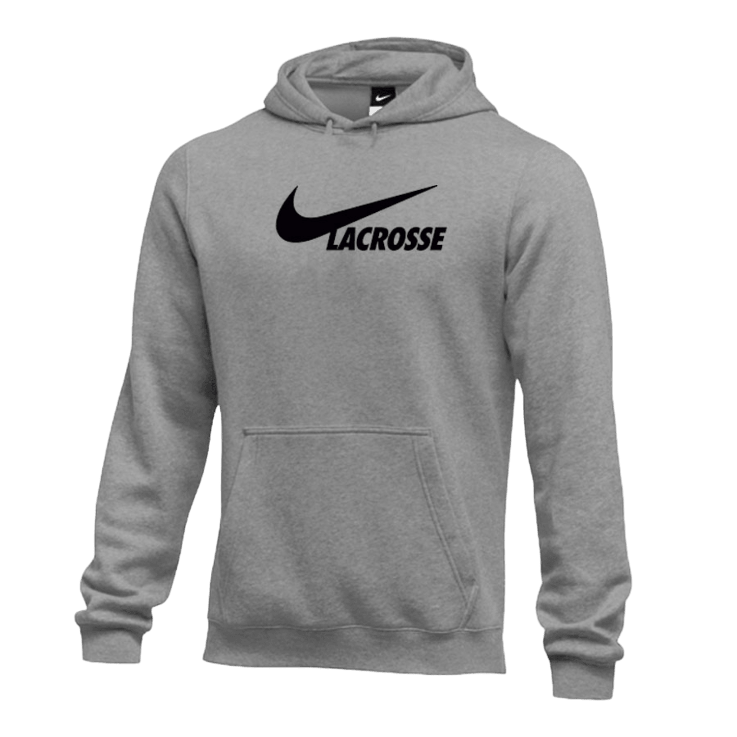 The Nike M31777 men's cut Club fleece hoody is a gray sweatshirt featuring a front pocket, with a black Nike swoosh logo next to the word "LACROSSE" on the chest, ensuring comfort and style.