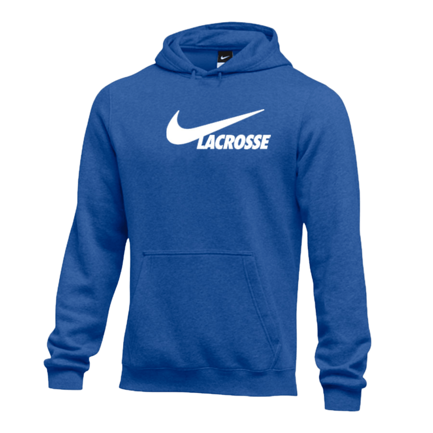 Introducing the Nike M31777: This men's hoodie showcases a blue design with a white swoosh logo and "LACROSSE" emblazoned across the front. Crafted from Nike Club fleece, it ensures a cozy fit and features a front pocket and hood with drawstrings, set against an eye-catching green background.