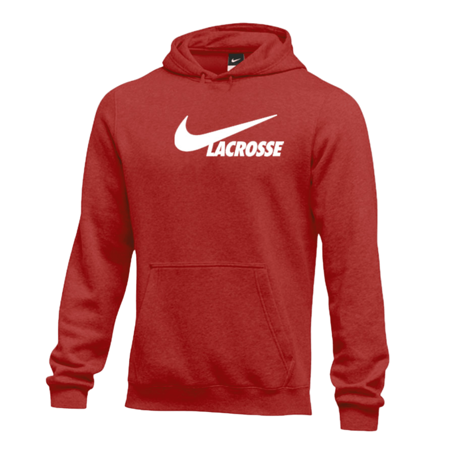 A red Nike Club Fleece hoody, identified as product M31777, showcases a front pocket and features a crisp white Nike logo along with the word "Lacrosse" prominently displayed on the chest.