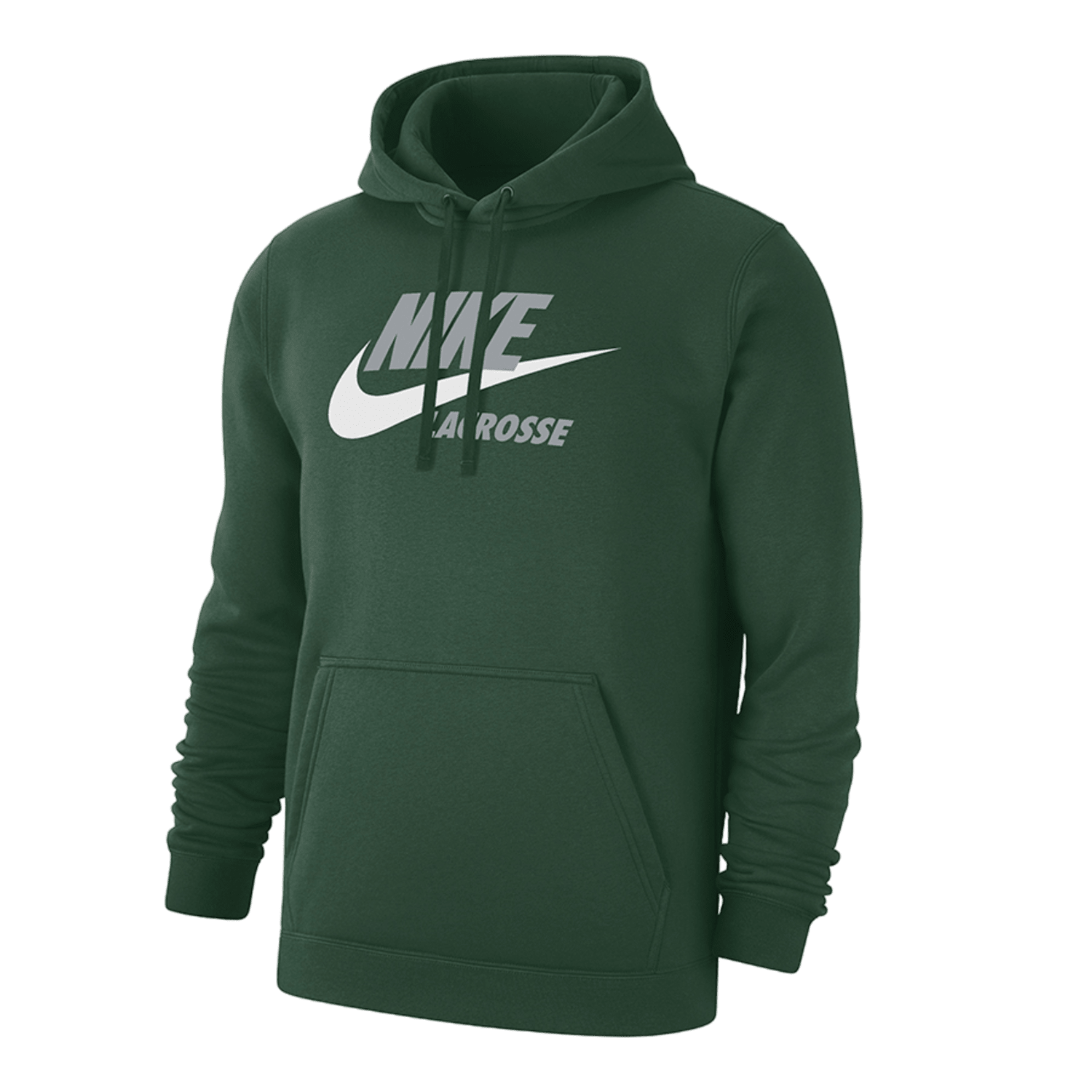The Nike Club Fleece PO Hoodie in dark green is an ideal choice for men, featuring a front pocket and drawstring hood. It showcases "NIKE LACROSSE" text along with the iconic swoosh logo in white on the chest, effortlessly blending style and comfort.