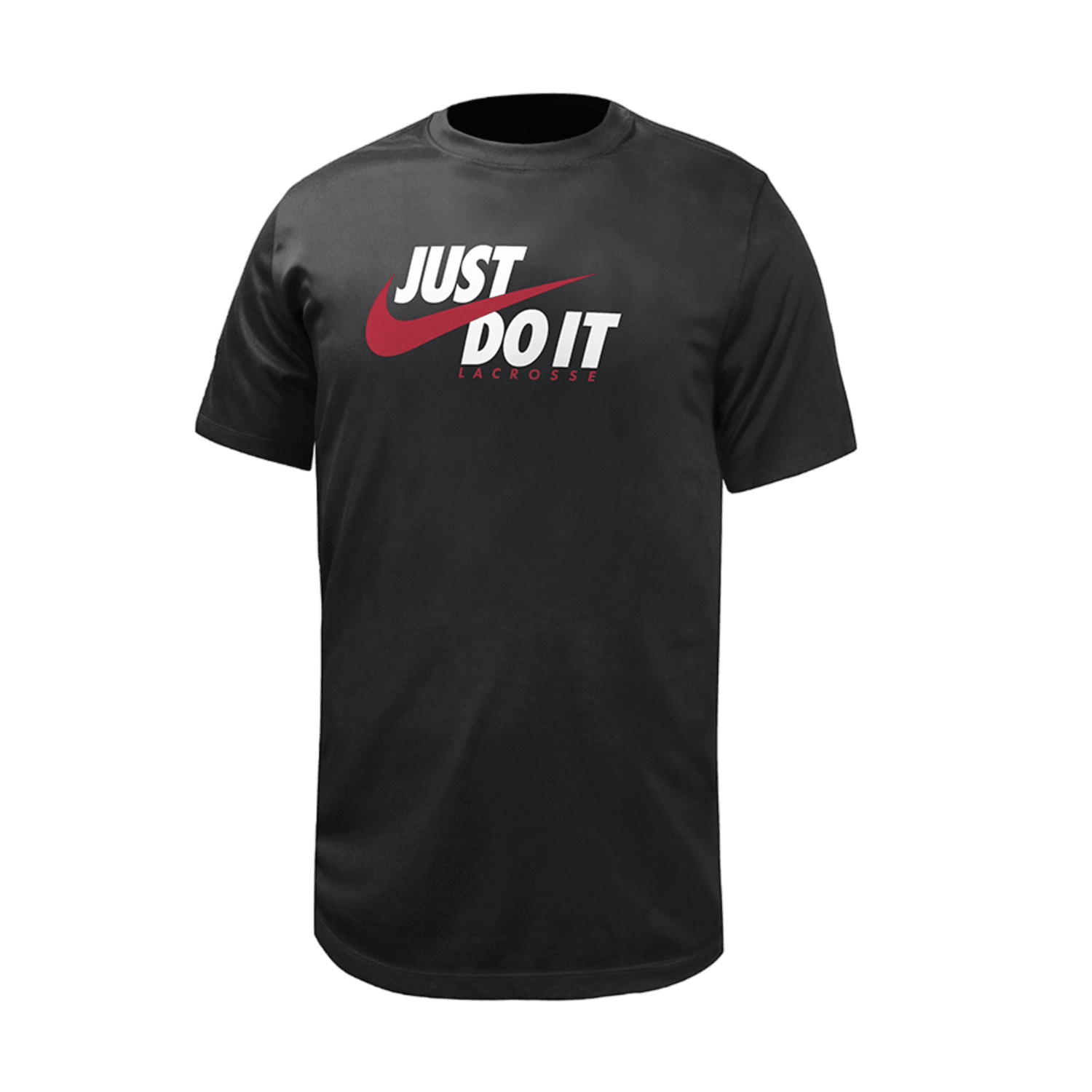 The Nike DF Legends SS T-Shirt - Just Do It, designed for dedicated athletes, features a classic black base with the phrase "Just Do It" in bold white and red text. A striking red swoosh hovers above the word "Do," while "Lacrosse" is subtly printed below, making it an ideal choice for Nike Lacrosse enthusiasts.