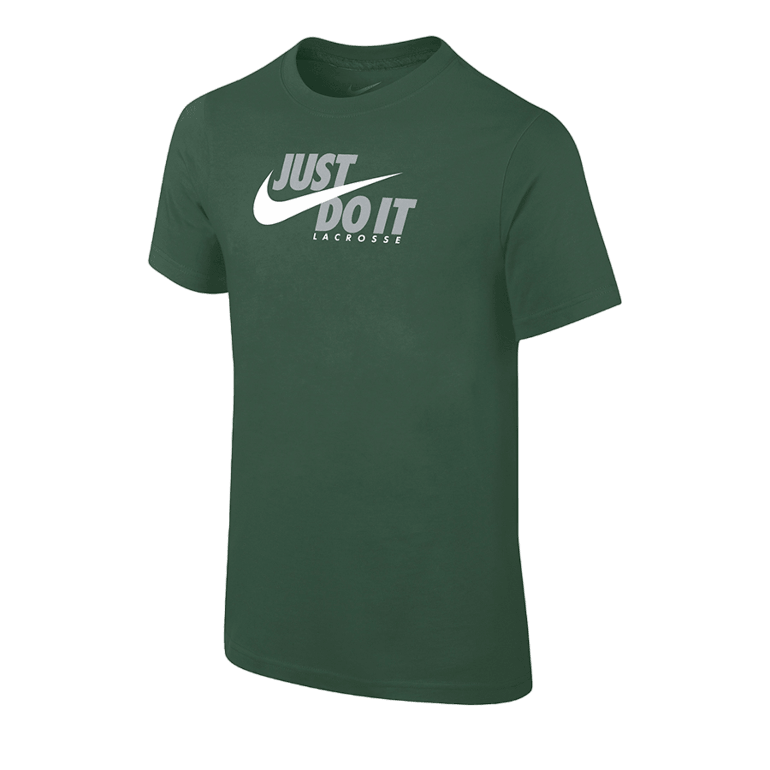 The Nike Youth Core Cotton SS T-Shirt - Just Do It features a vibrant green design with a white Nike logo and the classic "Just Do It" slogan, perfectly capturing team spirit for every athlete.