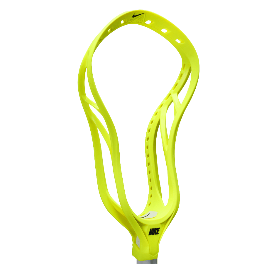 Introducing the Nike Lakota 3 LE Lacrosse Head: a neon yellow marvel crafted for elite midfielders. Its sleek, aerodynamic design features multiple stringing holes for maximum customization, with the iconic Nike logo prominently displayed on the throat.