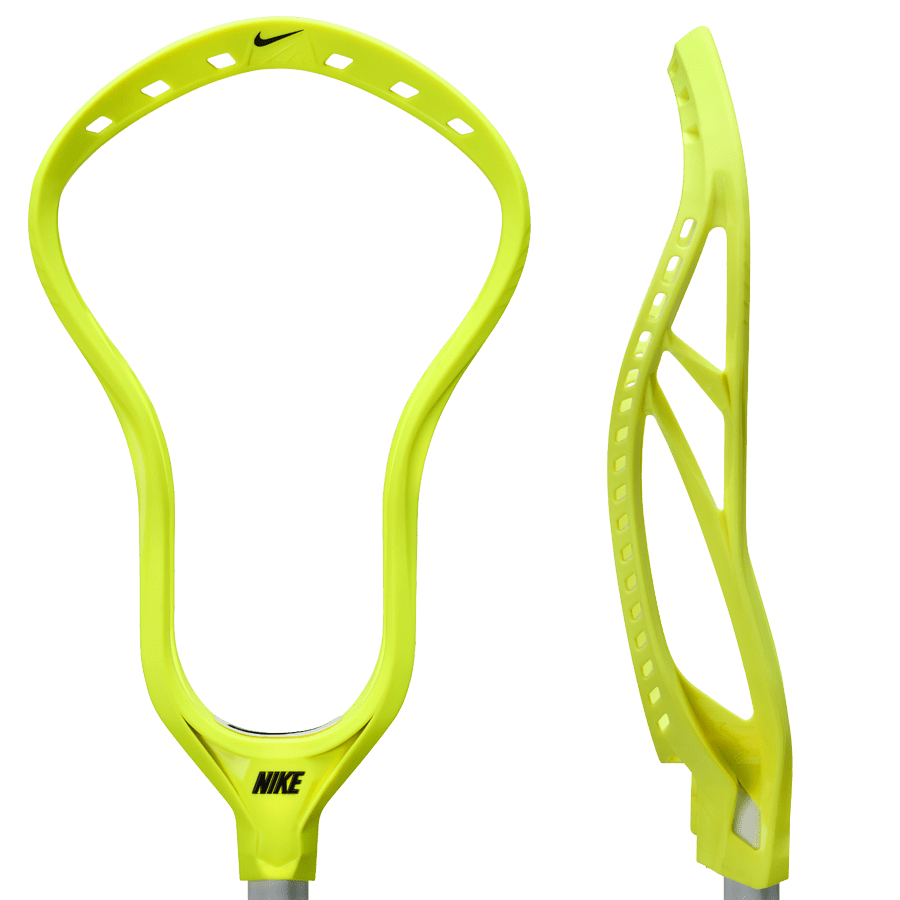 Introducing the HD LKT3 VT XX/BOM LE by Nike, a Limited Edition neon yellow lacrosse head showcasing a sleek design with the Nike logo prominently displayed at the base. This Volt marvel emphasizes both front and side views, highlighting its PowerForm Material's perforations and aerodynamic shape.
