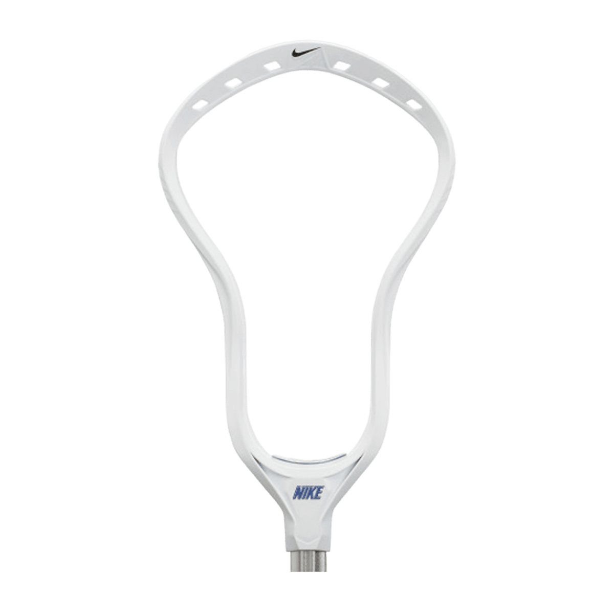 The Nike Lakota 3 Lacrosse Head, in white, prominently showcases a discreet Nike logo on top and offers numerous string holes for optimal custom stringing. Its sleek design is further enhanced by a silver neck insert that seamlessly connects to any handle, making it an excellent option for players who desire both style and performance.