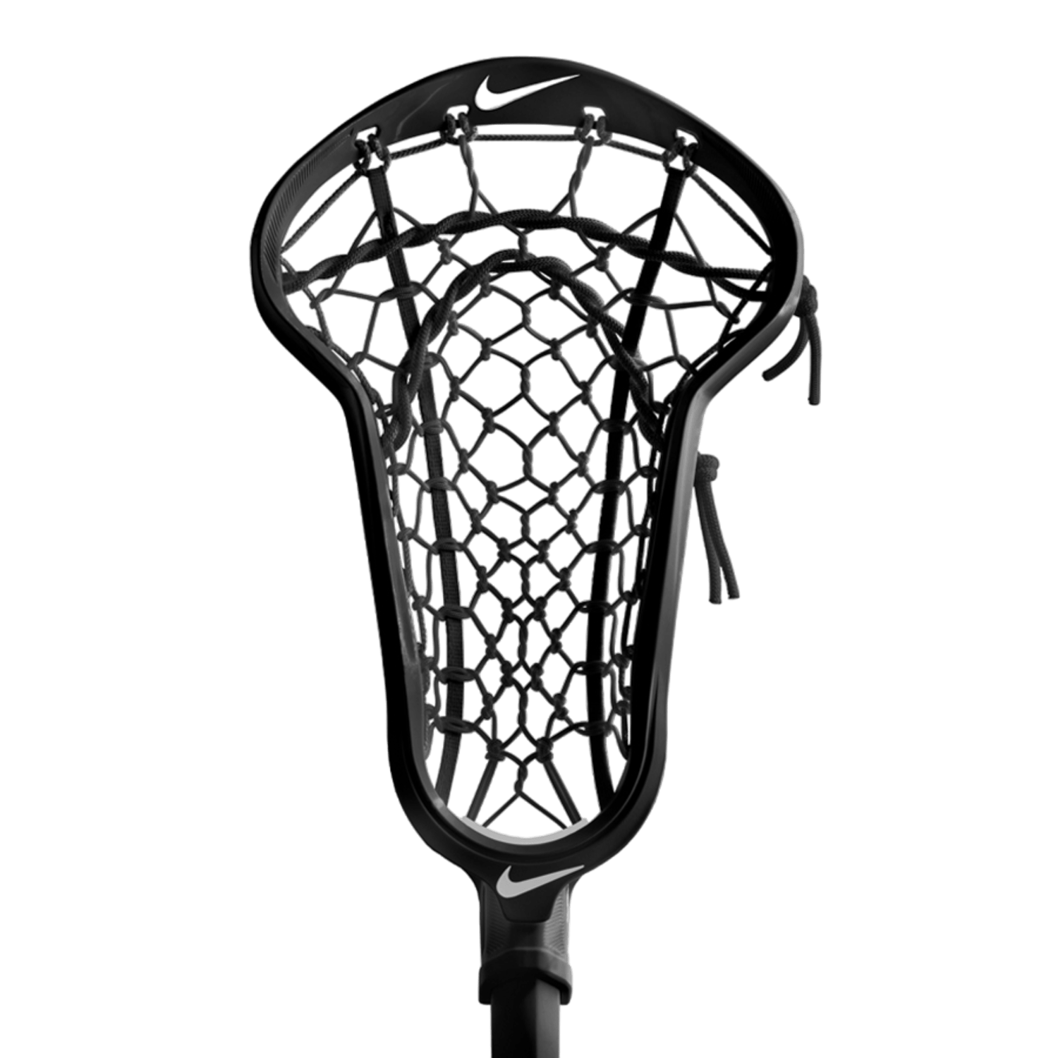 Close-up of a Nike Legacy Elite Strung Lacrosse Head in black, showcasing the net with its precise Lock Pocket design ideal for elite-level attackers. The Nike logo is prominently displayed on the frame, highlighting its exceptional craftsmanship against a transparent background.