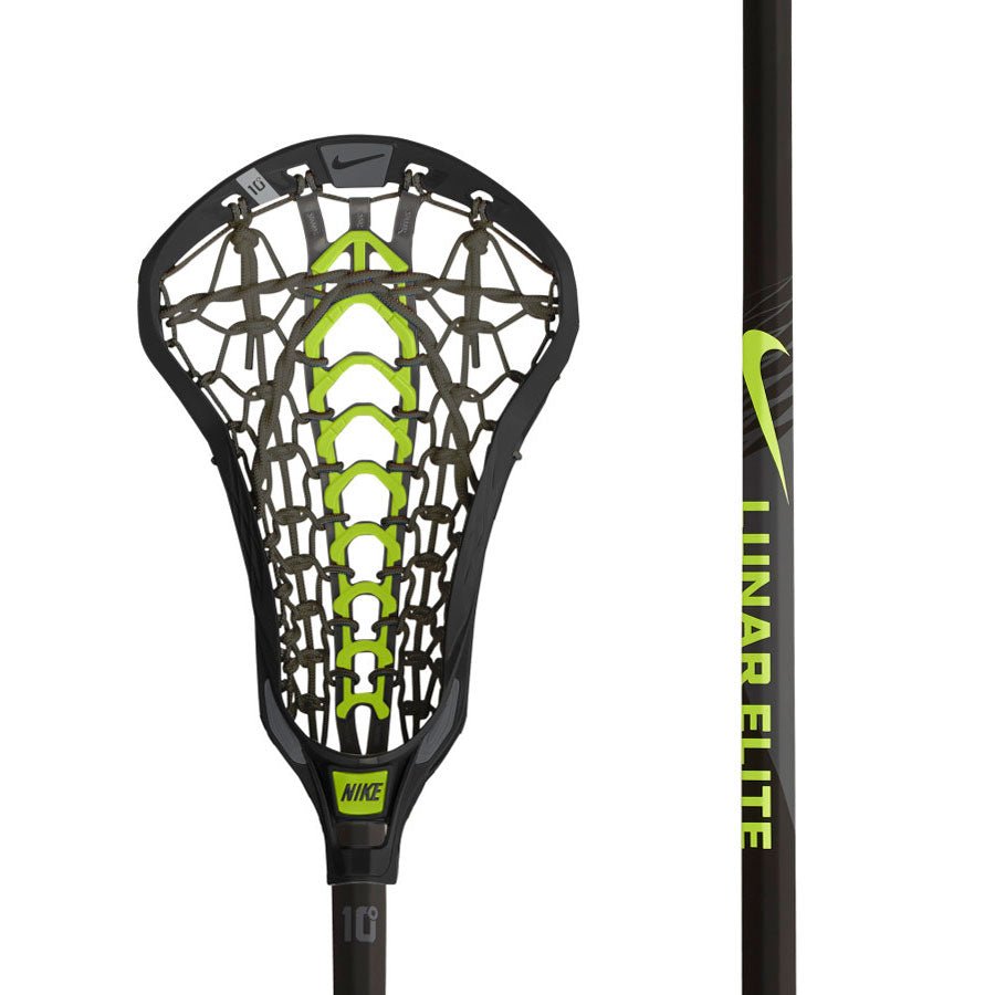 Close-up of a black and lime green Nike Lunar Elite 2 lacrosse stick. The head boasts a complex string pattern with bright green launch pockets along the central spine. The composite handle displays the "LUNAR ELITE 2" branding and the Nike swoosh in lime green.
