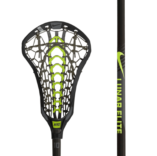 The Nike Lunar Elite 2 Complete Stick features a streamlined upright design with a composite handle and a head that's adorned with striking black mesh and neon green accents. Its Launch pockets enhance precision and add style on the field.