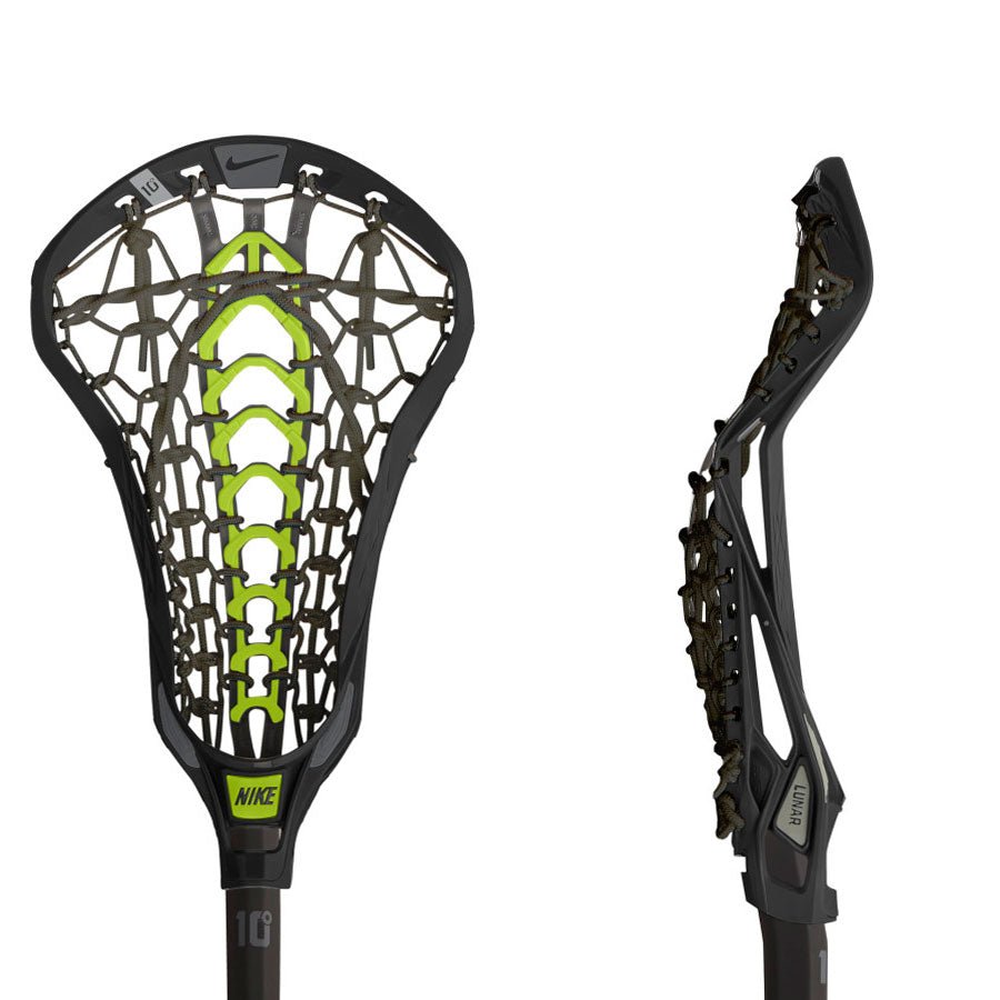 Two lacrosse stick heads are shown. The front view reveals a distinctive black and green mesh design with the Nike logo at the bottom, reminiscent of the Nike Lunar Elite 2 Complete Stick style. The side view showcases the curved structure and intricate mesh details of the stick, which perfectly accommodate launch pockets.