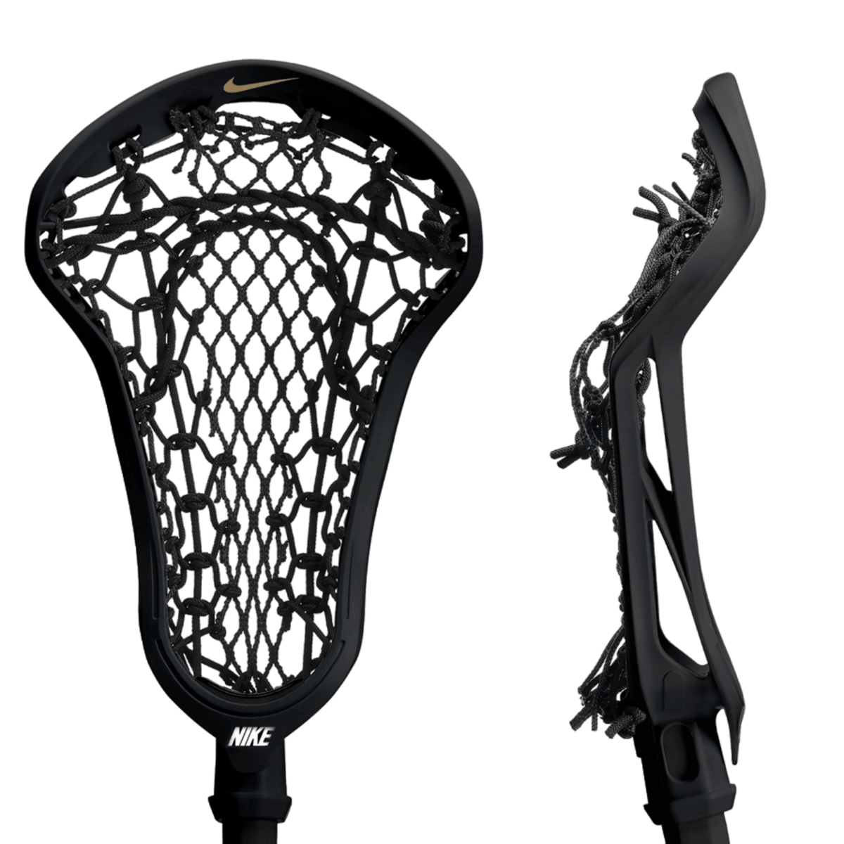 Two views of a black Nike Lunar Elite 3 Strung Lacrosse Head with intricate netting. The front view showcases the woven pattern designed for superior ball retention, while the side view emphasizes its sleek, aerodynamic design. The iconic Nike logo is prominently displayed on the front.