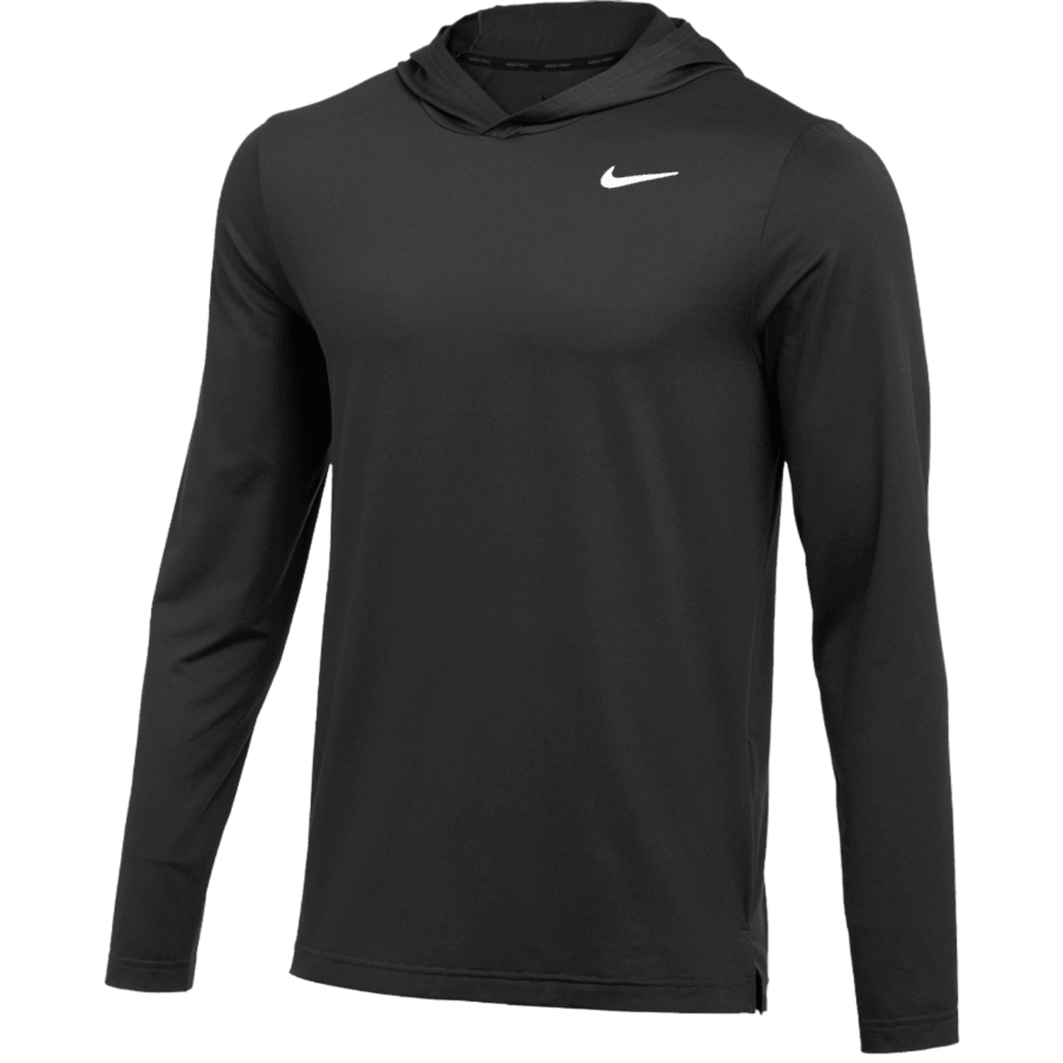 The Nike Hyper Dry Hoodie is a long-sleeved black athletic garment showcasing the iconic white Nike logo on the chest. It is crafted with sweat-wicking technology to provide ultimate comfort during workouts, brilliantly highlighted against a plain white background.