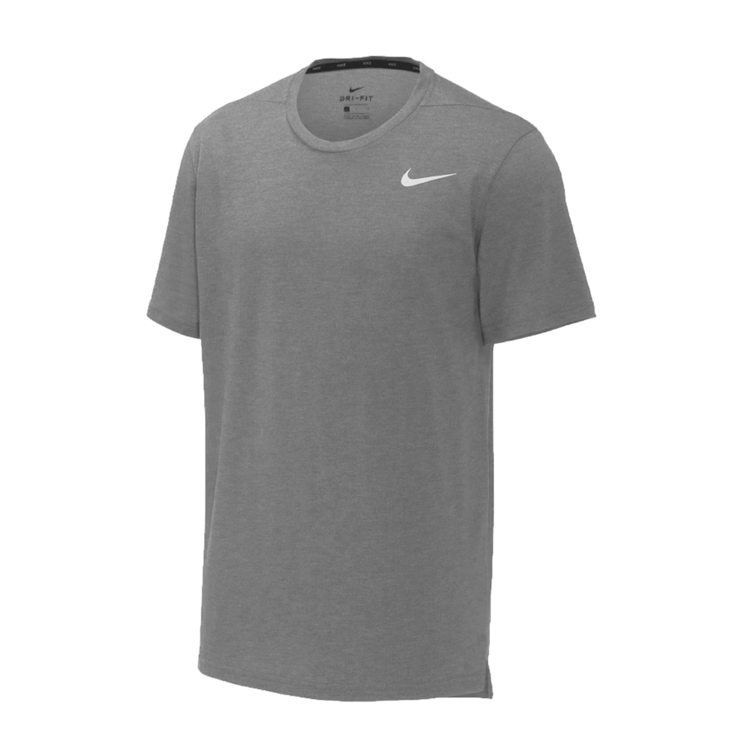The Nike Dri-Fit Breathe SS T-Shirt is a gray athletic top featuring the brand's white logo on the left chest. This short-sleeved shirt is ideal for both sports and casual wear.