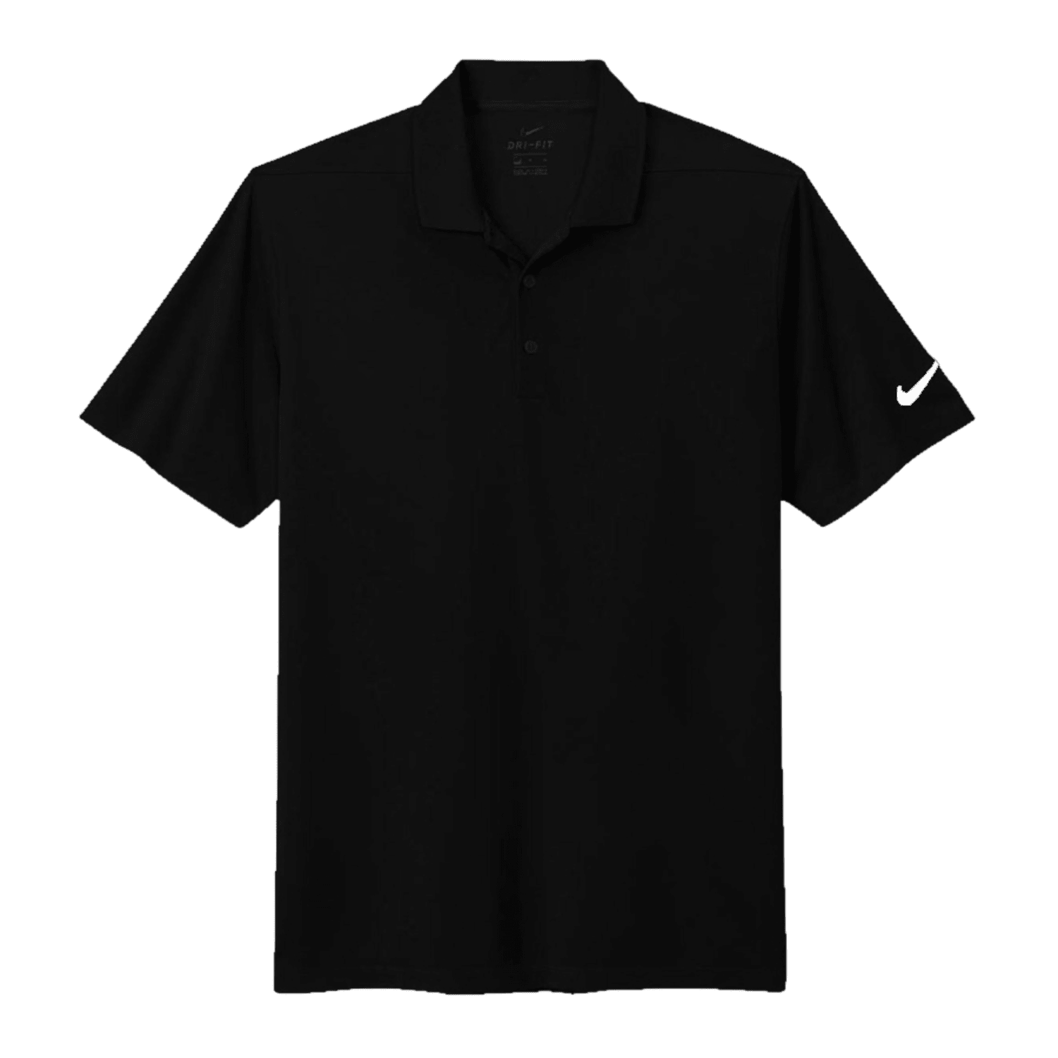 Nike's black polo shirt, identified as product 267020, features a collar and buttons and is made from Dri-FIT fabric for optimal comfort. It showcases the iconic swoosh design trademark on the left sleeve against a plain background.