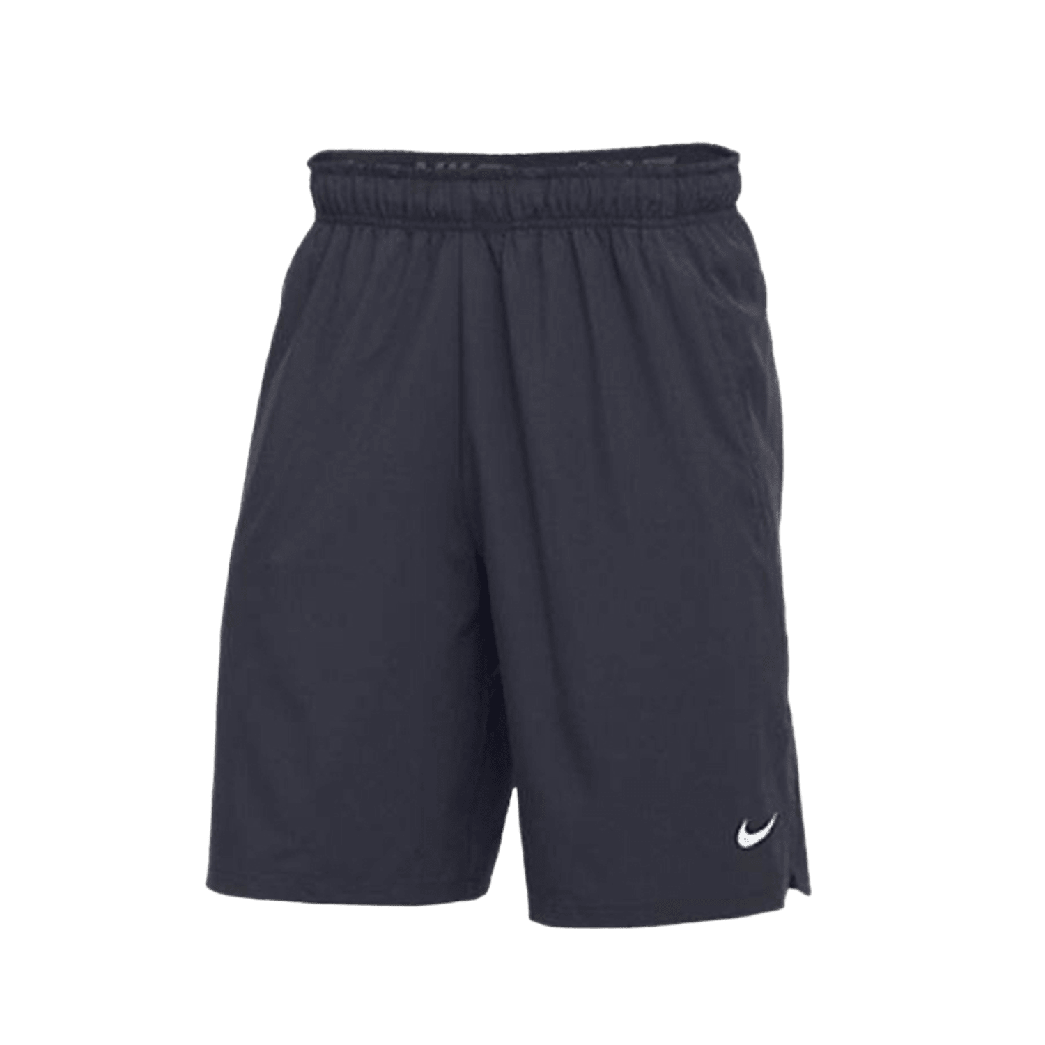A pair of black Nike Flex Woven Shorts featuring an elastic waistband and Dri-FIT technology, with a small logo near the hem on the left leg.