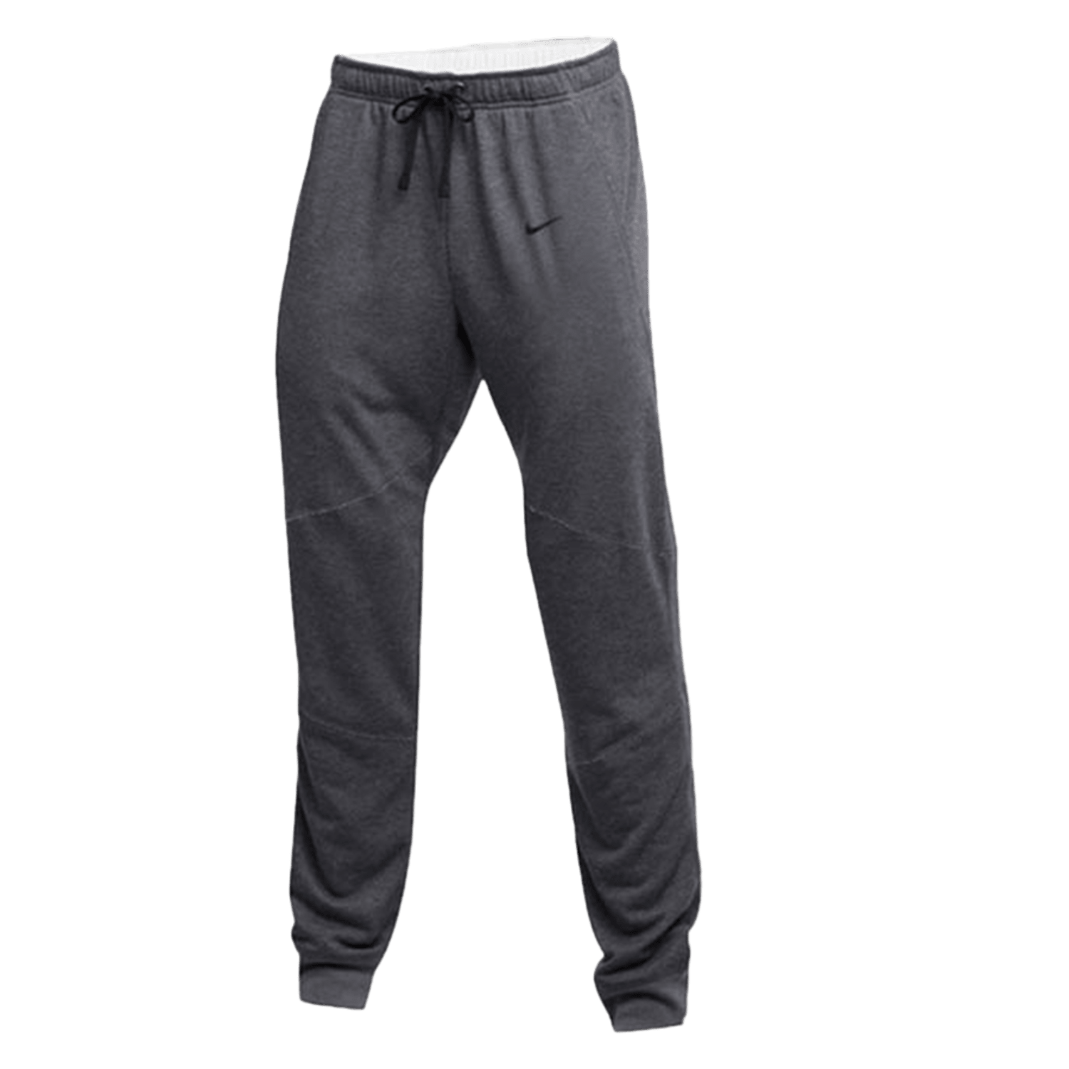 The Nike Flux Jogger is a pair of gray sweatpants equipped with an elastic waistband and drawstring, displaying a subtle logo on the upper left thigh. These comfortable joggers offer a relaxed fit and feature cuffed ankles, with the background set to be transparent.