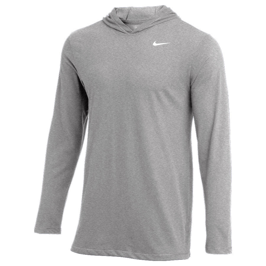 A gray Nike LS Hooded T-Shirt featuring a small white swoosh logo on the left chest, crafted with lightweight material for both casual and athletic wear.