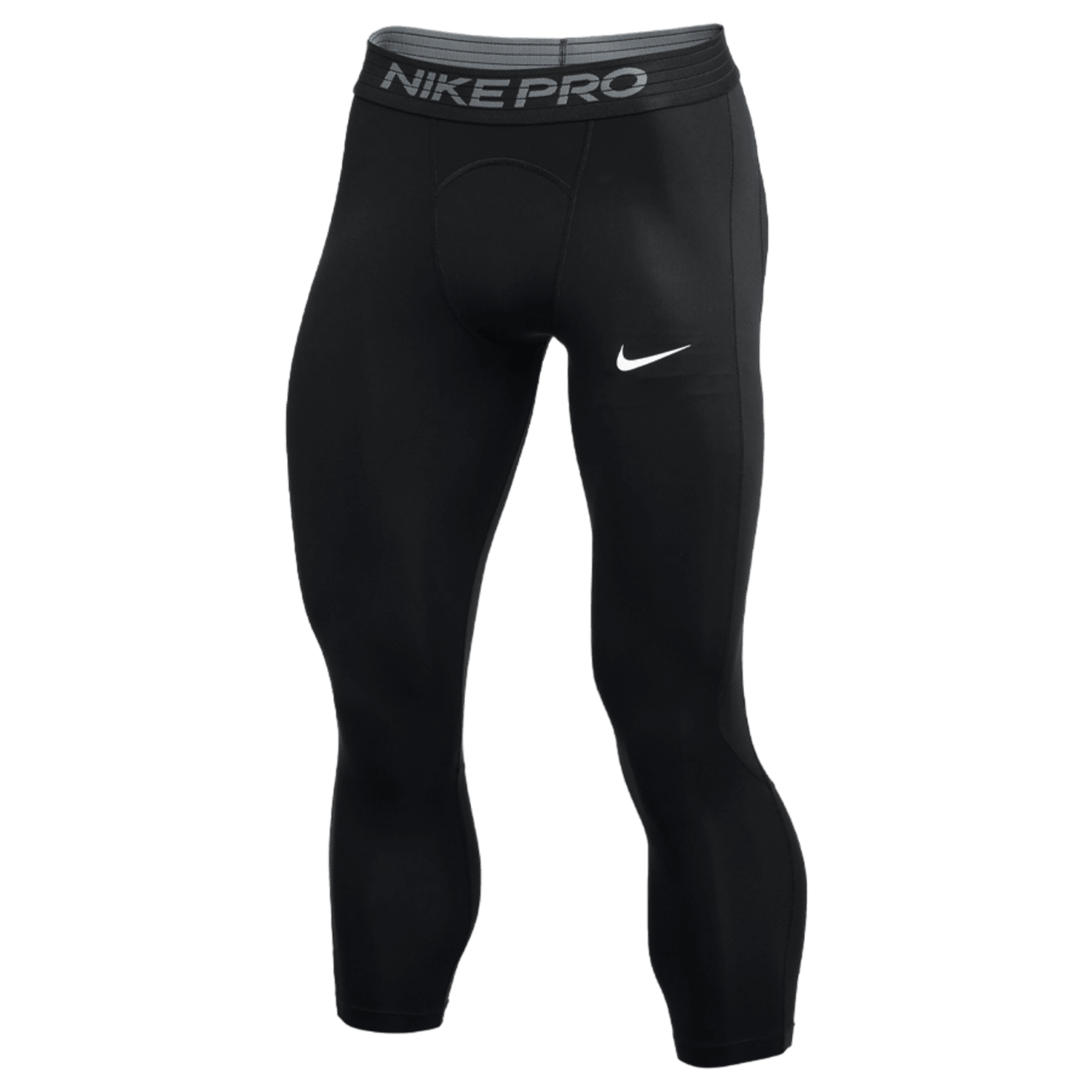 A pair of Nike Pro ¾ Tights, featuring a black design with a gray waistband and white Nike swoosh logos on the waistband and right thigh. Made from recycled polyester, these ankle-length tights incorporate sweat-wicking technology, making them ideal for athletic activities.