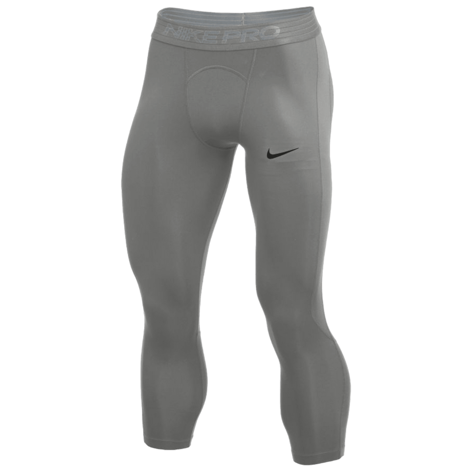 These gray Nike cj0961 Pro compression tights, made from recycled polyester fibers, showcase a black Nike swoosh on the upper thigh. The lightweight fabric combined with an elastic waistband adorned with the "NIKE PRO" logo ensures comfort and style during every workout.