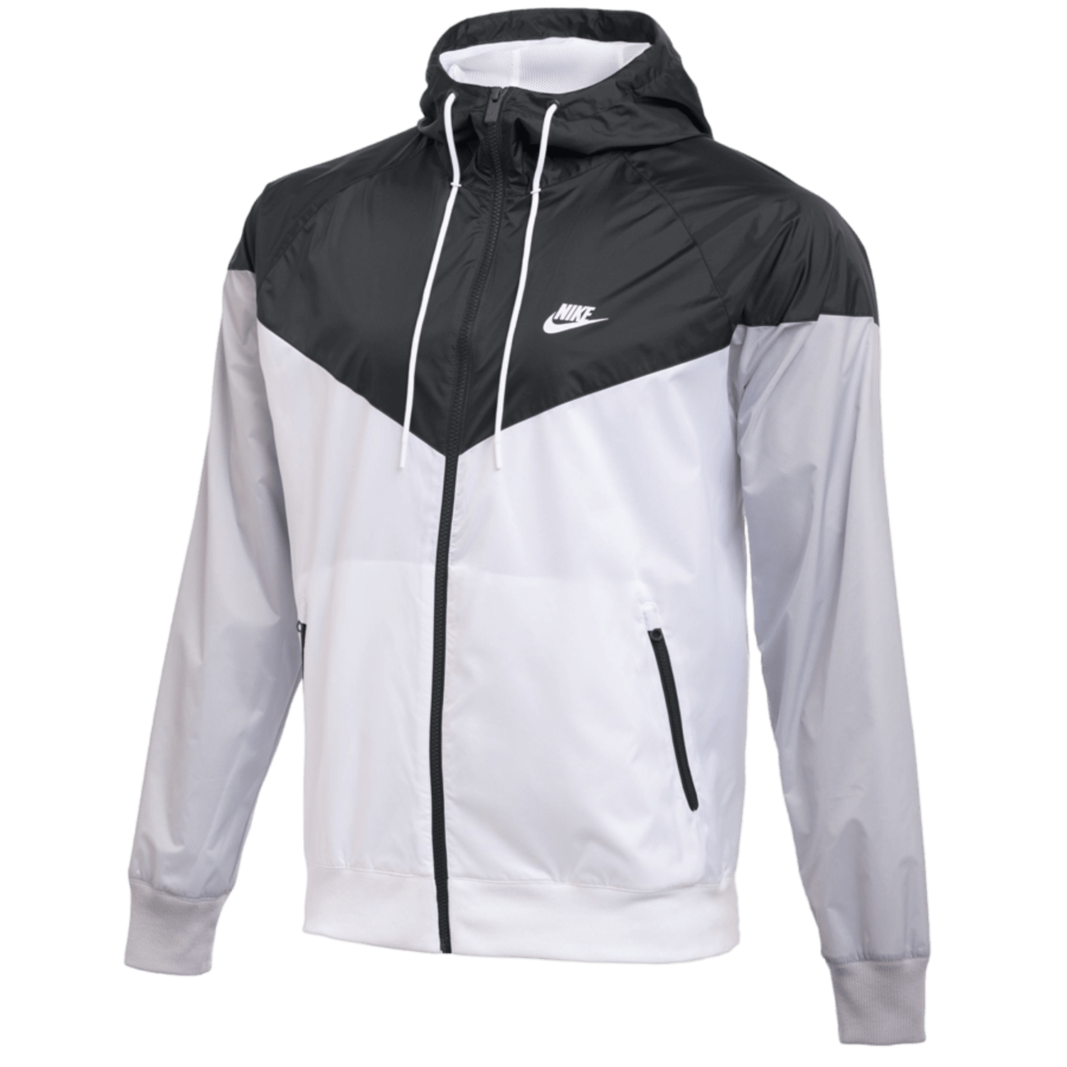 Presenting the Nike Team WR Jacket, a stylish black and white windbreaker featuring a hood and zippered front. This jacket showcases a distinctive chevron design across the chest and is displayed against a simple backdrop.
