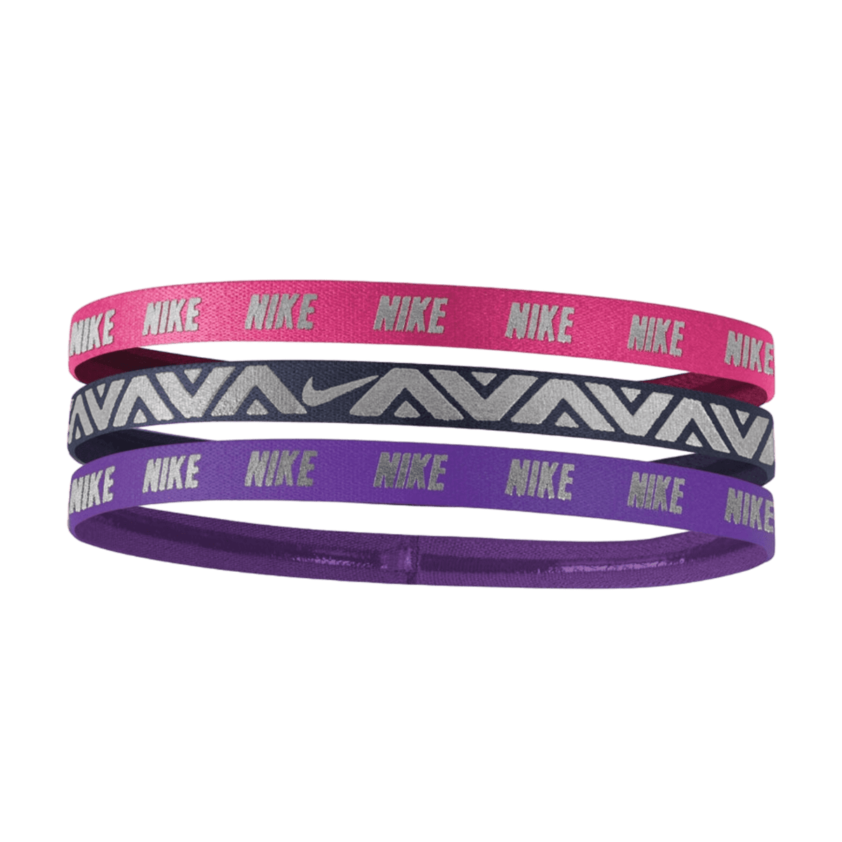 The Nike Metallic Hairbands 3-Pack features a stylish trio: a pink band with "NIKE" in white, a gold-infused gray band with a zigzag pattern and white Nike swoosh, and a purple band with "NIKE" in white. This set adds a touch of luxury to your West Coast style while being perfect for any lacrosse enthusiast.