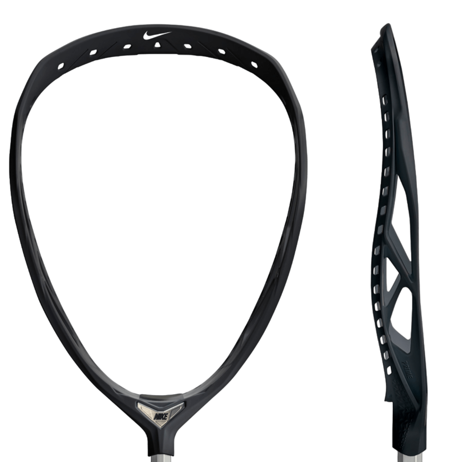 Close-up of the Nike Prime Elite Goalie Head in black, displaying its sleek design from two angles: front view on the left and side view on the right. The head features multiple stringing options with numerous string holes along the edges.