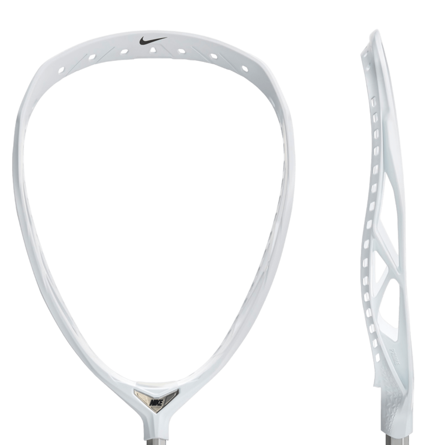 Close-up of a white Nike Prime Elite Goalie Head showcasing its sleek design with various stringing options. The front view reveals a wide opening, while the side view emphasizes a subtly curved profile. A small logo is visible near the base.
