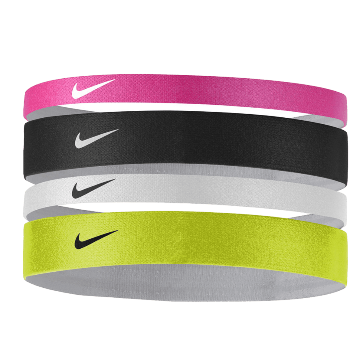 The Nike Printed Headbands 4-Pack includes four vibrant headbands in pink, black, white, and neon yellow, featuring the iconic swoosh and a secure fit with silicone holds that effortlessly keep hair in place.