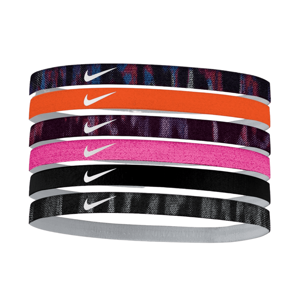 Introducing the Nike Printed Headbands 6-Pack, featuring a colorful assortment including orange, pink, two black with multicolor patterns, and one black with gray. Each headband prominently showcases the iconic white Nike swoosh logo, delivering both style and comfort for any activity.