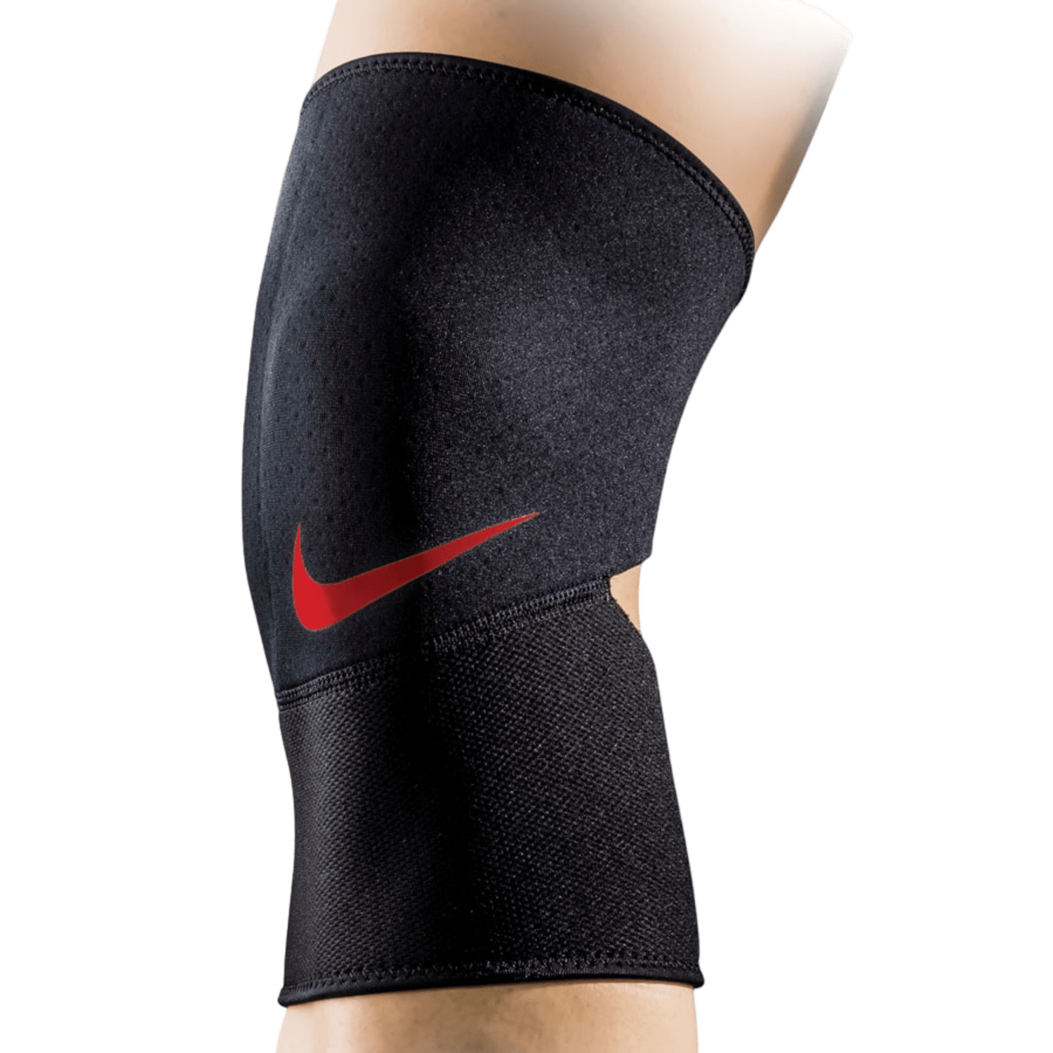 A person is wearing a Nike Pro Closed Patella Knee Sleeve in black, which displays the iconic red swoosh logo, against a plain background. Designed to prevent turf burns, this protective gear offers both support and style.