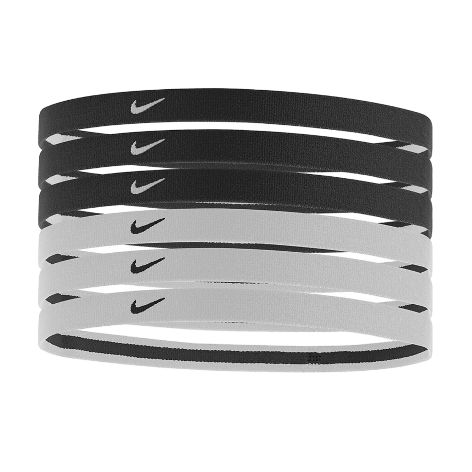 A six-pack of Nike Pro Swoosh Headband 2.0, featuring alternating black and white headbands, each adorned with the iconic Nike swoosh logo.