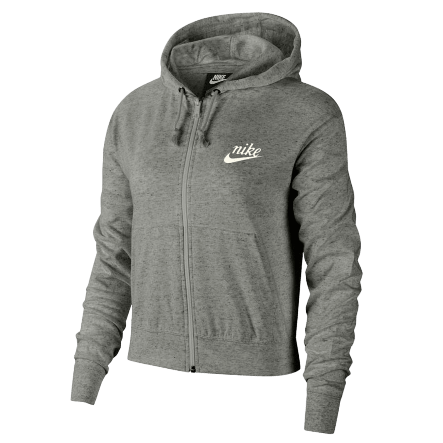Introducing the Nike Women's Full-Zip Hoodie in gray, featuring a hood with drawstrings and adorned with the iconic Nike logo on the left chest. Part of the Nike Sportswear Gym collection, this hoodie is crafted from sustainable materials, offering long sleeves and a fitted design for eco-friendly style and comfort.