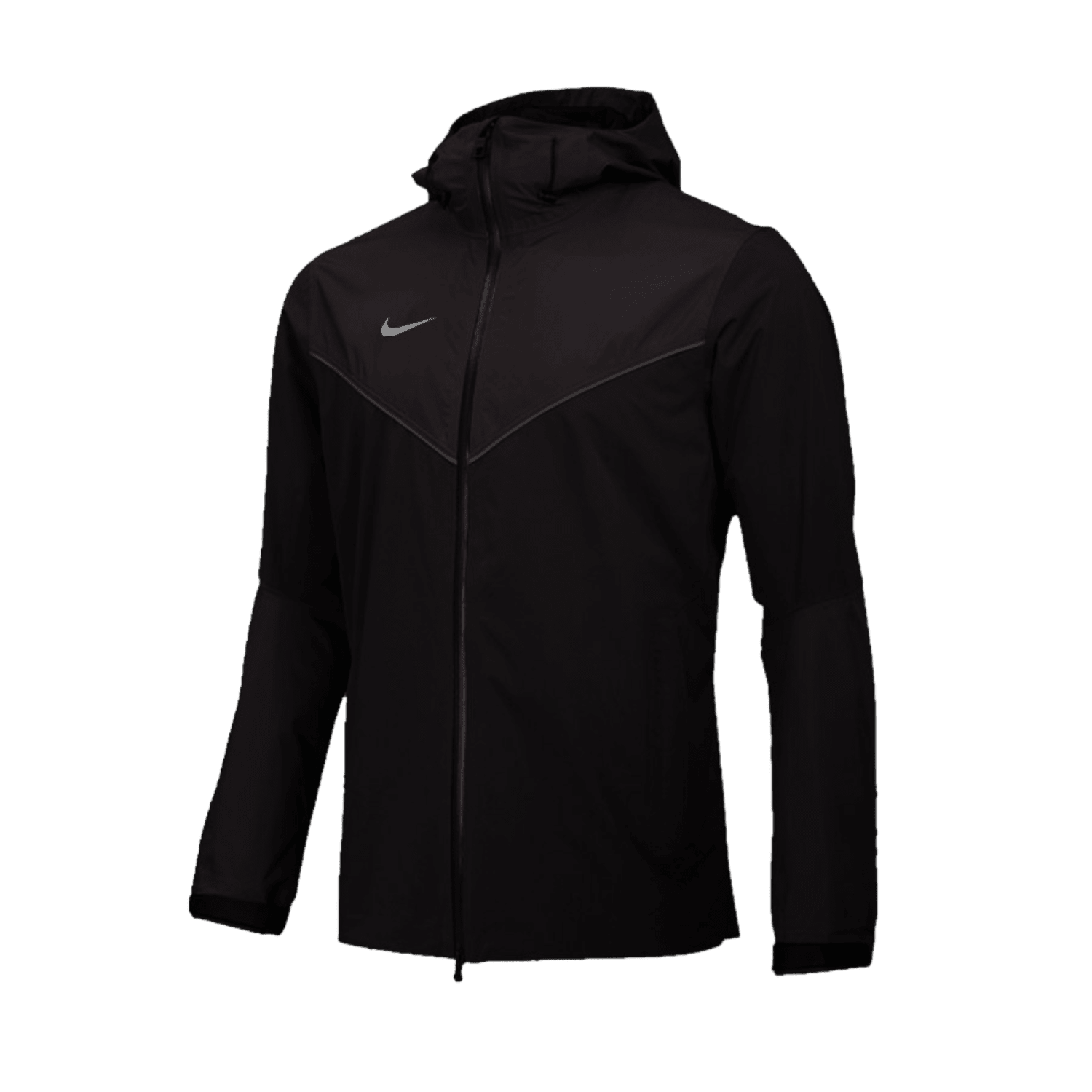The Nike Stock Waterproof Jacket in black features a front zipper and a small logo on the right chest. Designed with Nike HyperShield technology for protection against wind and water, it boasts long sleeves, an adjustable hood, and a sleek, minimalist design ideal for all weather conditions.