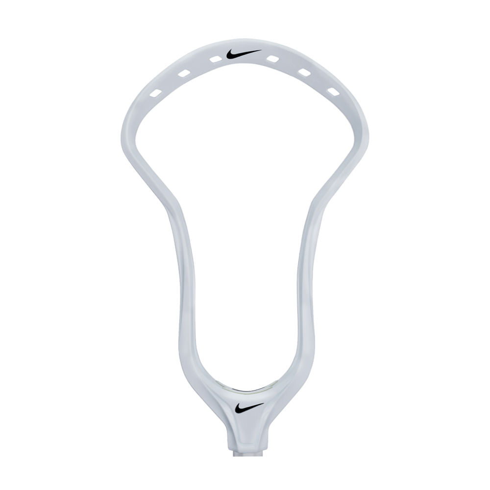 The Nike Surge Elite Lacrosse Head, designed by Nike, showcases a timeless white appearance accented by a prominent black logo near the base. Ideal for advanced offensive players, this model is equipped with multiple string holes along the top edge to allow for optimal customization.