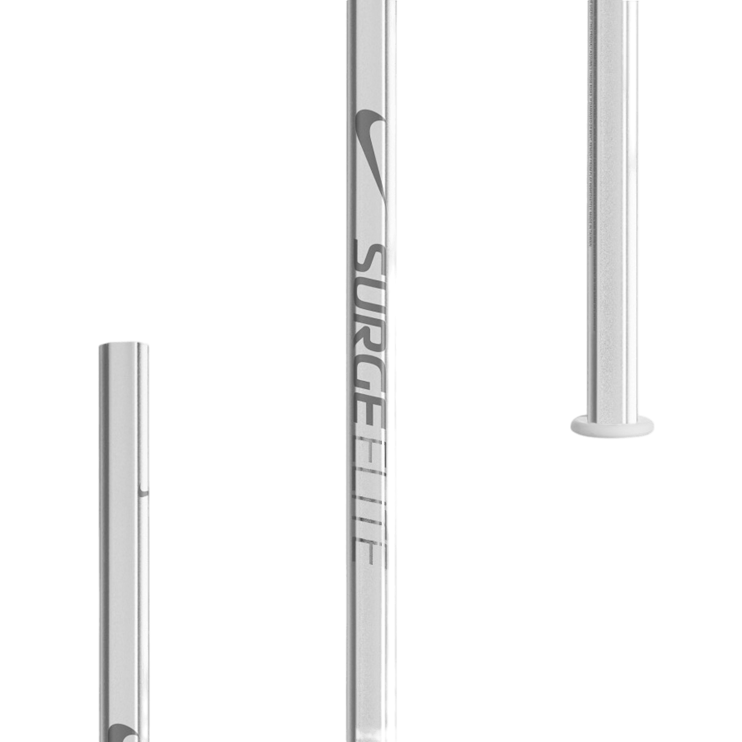 Close-up image of a white pole with the word "SURGE" in large gray letters and a swoosh logo above it, reminiscent of the Nike Surge Elite Sc-Ti Lacrosse Shaft. Two partial views of similar poles are also visible, set against a transparent background.
