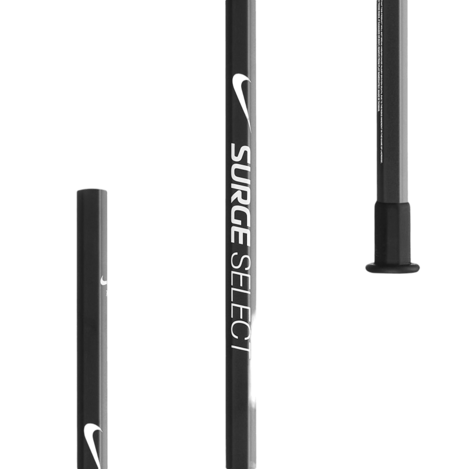 Close-up of a black lacrosse shaft with "Nike Surge Select" text in white and a green swoosh logo. Various angles showcase the shaft's barrel and handle, which feature a black knob at the end, crafted from lightweight durable alloy.