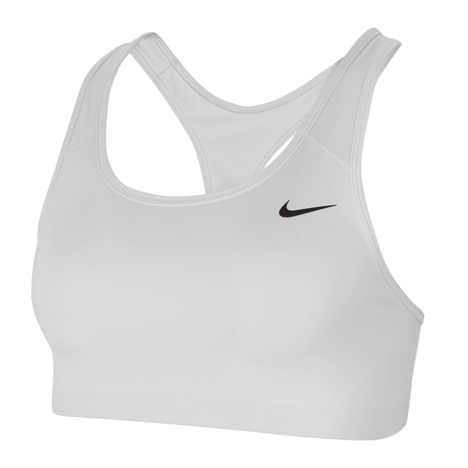 The Nike Swoosh Bra features a black logo on its white fabric and a stylish racerback design, made with Dri-FIT Technology from recycled polyester to ensure you stay cool and comfortable.