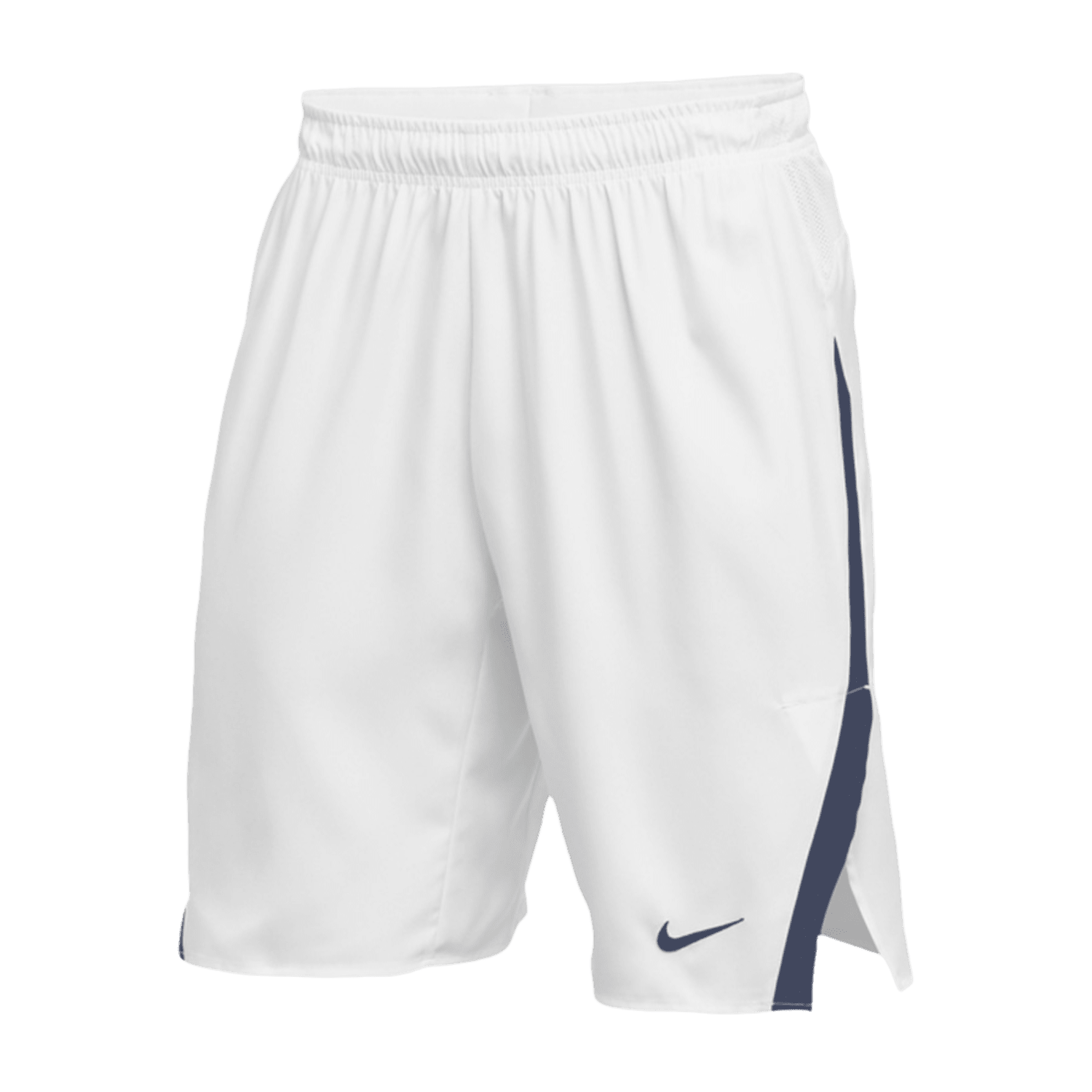 White Nike Untouchable Speed Shorts feature an elastic waistband and a blue stripe along the side. Crafted with breathable fabric, these shorts display a small black Nike logo near the bottom. The solid green background accentuates their sleek design.