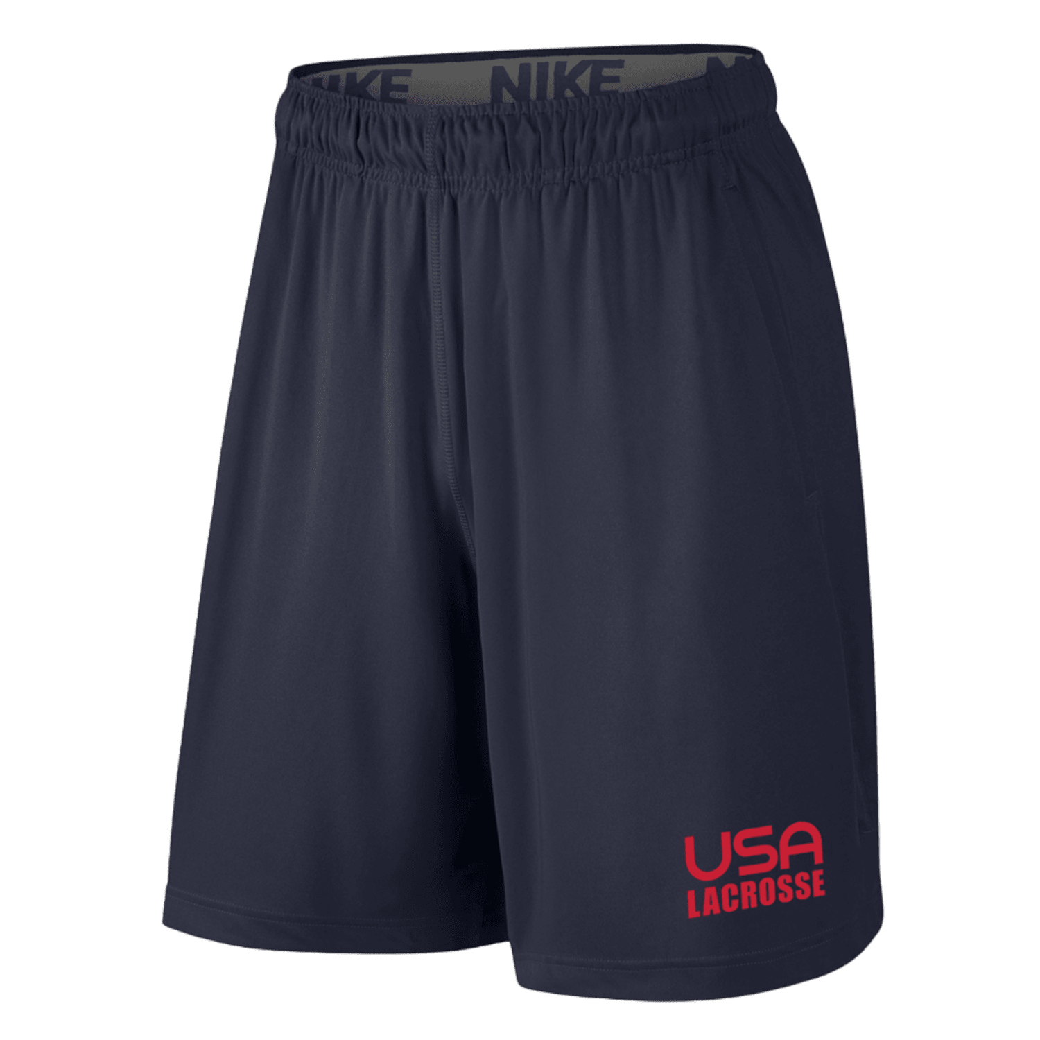 The Nike USA Lacrosse Fly Shorts are navy blue athletic shorts showcasing the "USA Lacrosse" logo in red on the lower right leg. They offer a personalized touch with an elastic waistband that ensures comfort while featuring the "NIKE" brand name on the inside, making these shorts a perfect choice for athletes.