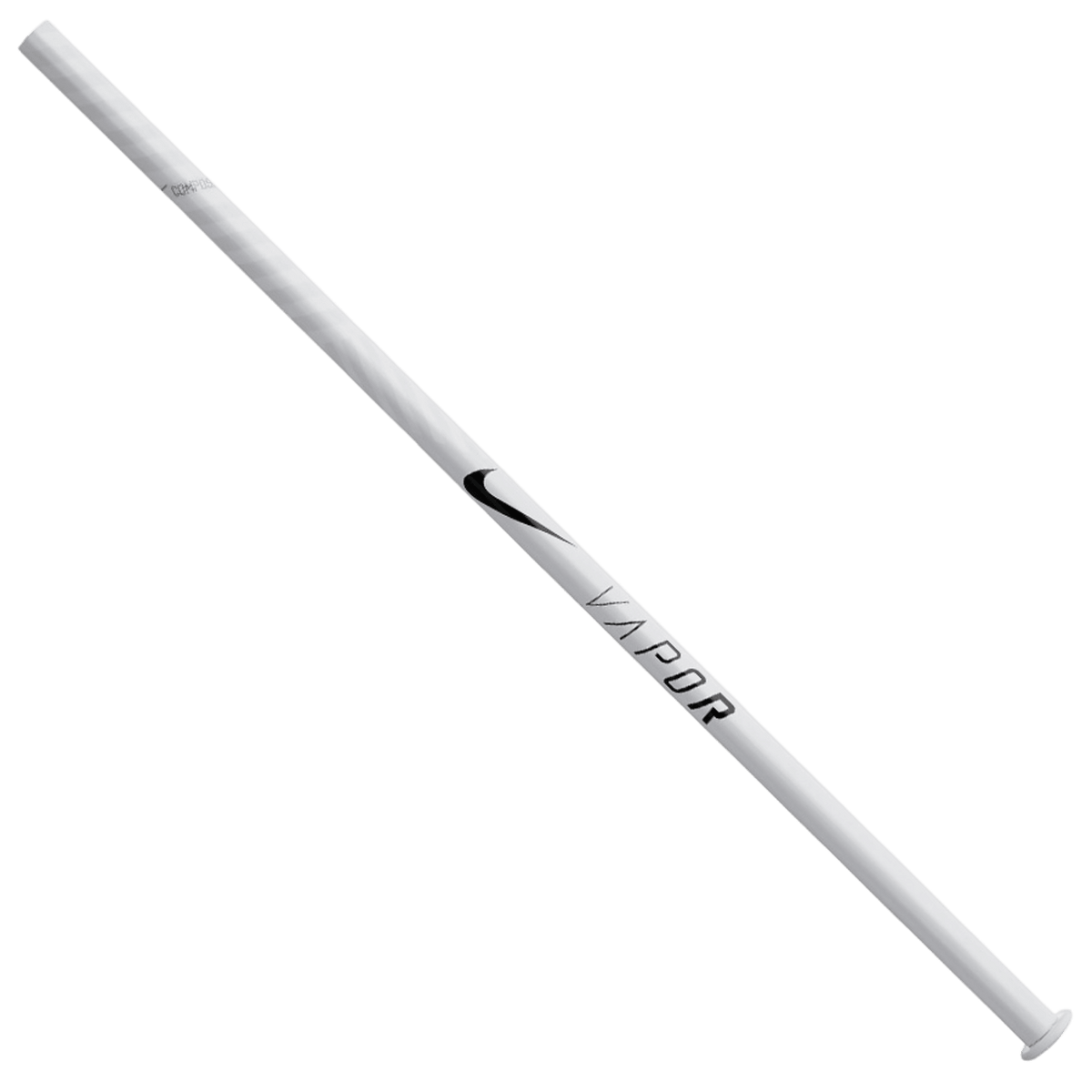 The Nike Vapor Composite Defense Lacrosse Shaft is a white, carbon composite shaft with a sleek design. It features a black Nike logo along with "VAPOR Composite Defense" printed on it. With its smooth texture and understated appearance, this shaft is ideal for players who prioritize both style and performance.