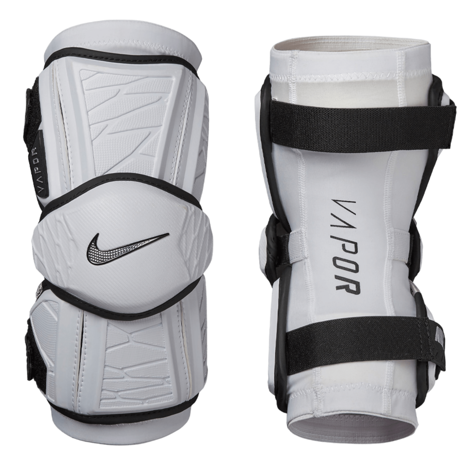 A pair of white Nike Vapor Elite Arm Pads with black straps, designed for optimal flexibility, is displayed against a transparent background. The left pad features the iconic Nike swoosh logo, while the right pad showcases the word "VAPOR" in bold black text.