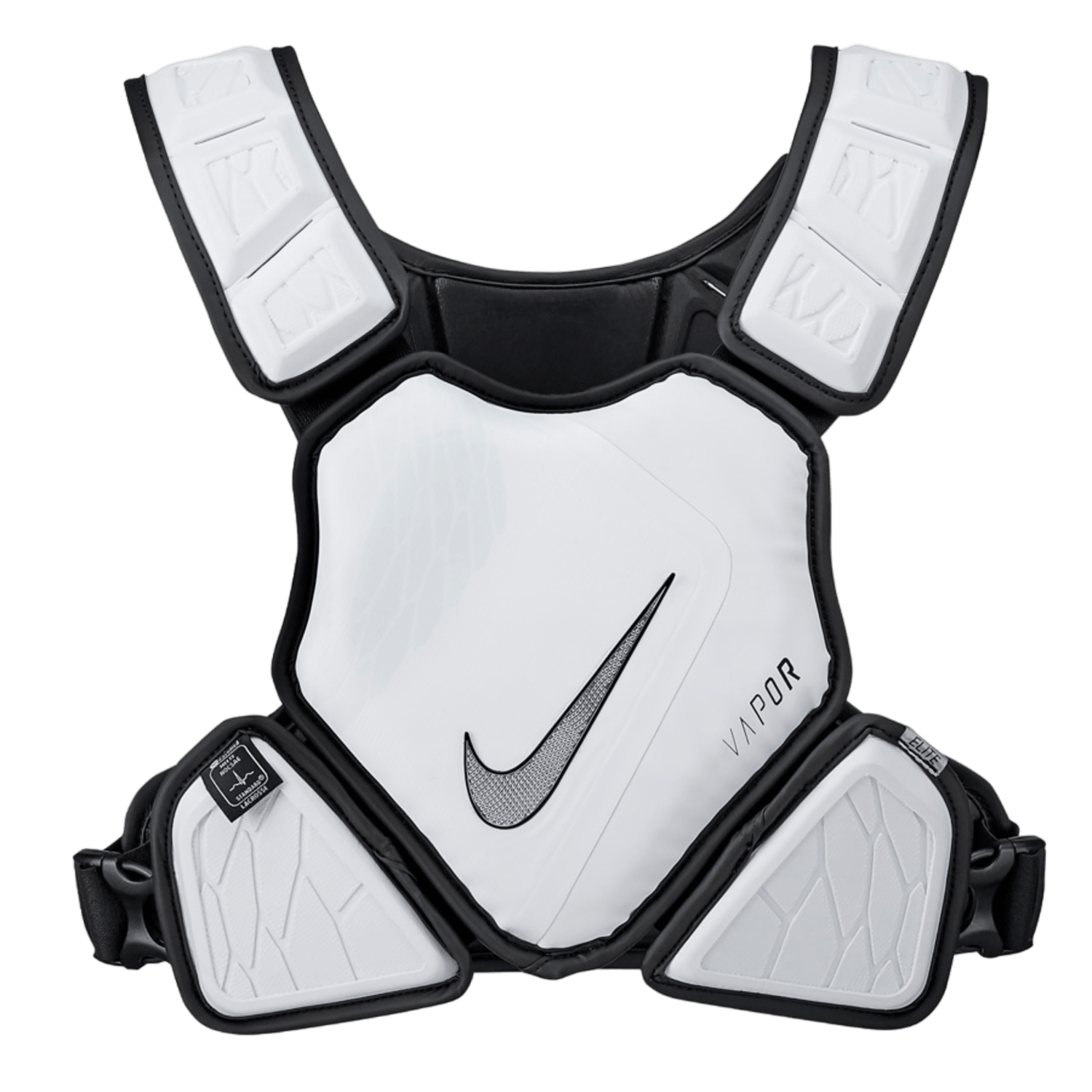 Introducing the Nike Vapor Elite Shoulder Pad Liner: This white chest protector sports black accents and prominently features the iconic black Nike swoosh logo. It boasts ultra-lightweight padding and includes adjustable shoulder and waist straps for enhanced protection, making it suitable for high-impact activities.