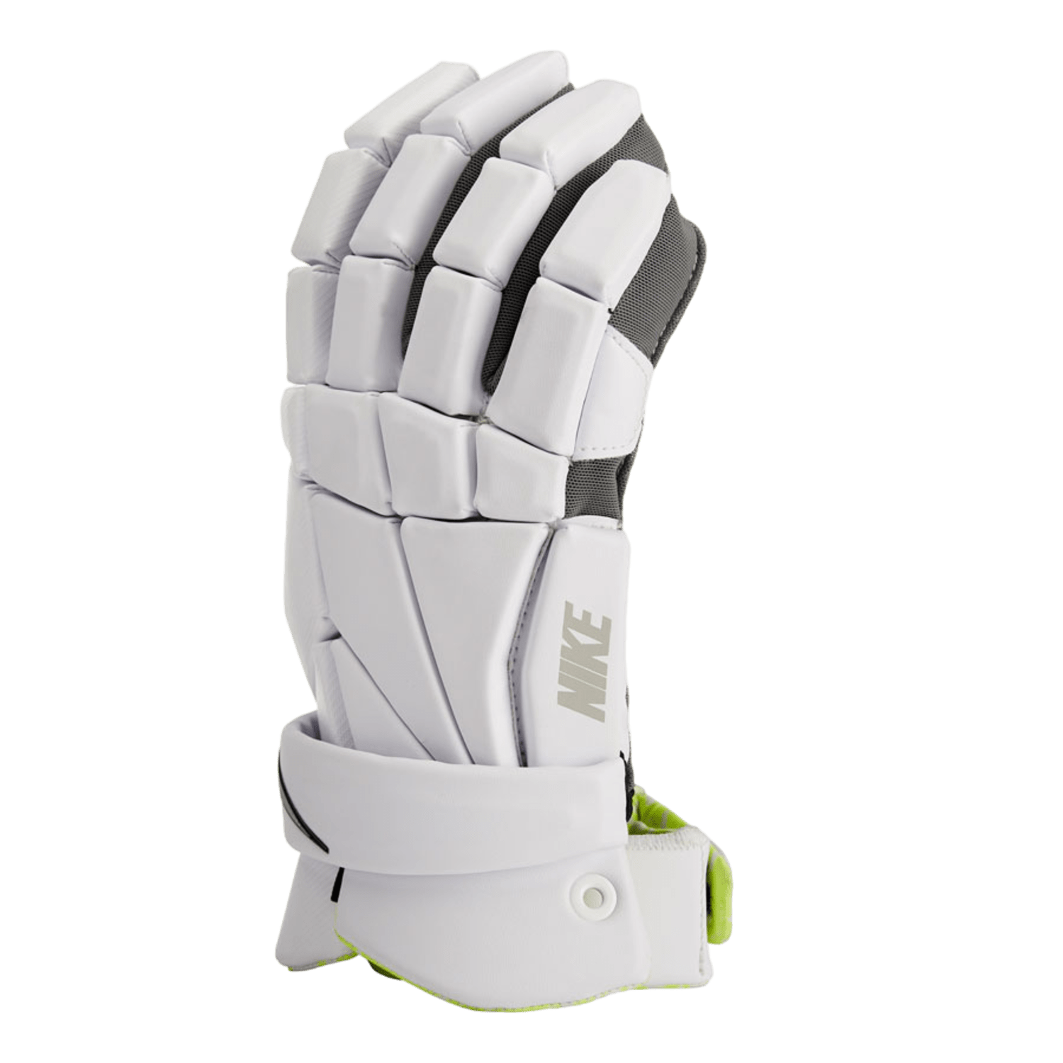 Introducing the Nike GE VP0F 03 BK/XX Lacrosse Gloves in white, which offer advanced protection with segmented padding and an adjustable wrist strap. Enhanced with black accents, these gloves are perfect for youth lacrosse enthusiasts and are showcased against a vibrant green background.