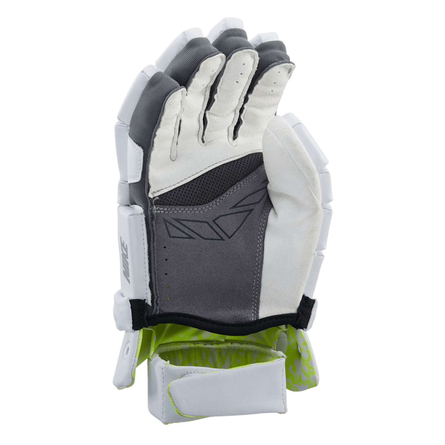 The Nike Vapor Lacrosse Gloves, designed for youth players, are shown upright in white and gray with black and neon green accents, highlighting the palm and finger padding. These gloves feature a wrist strap for secure fitting and reinforced areas for added protection during play.