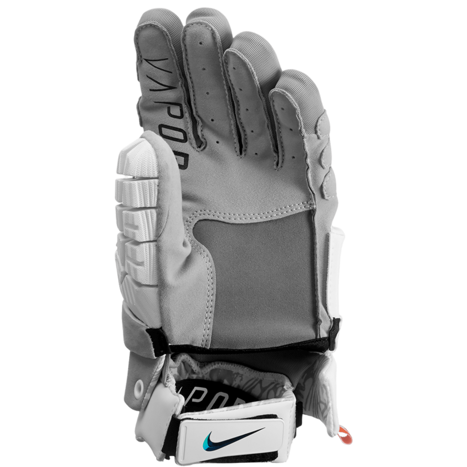 A pair of Nike Vapor Premier Lacrosse Gloves in gray and white, featuring "Vapor Premier Glove" branding on the fingers. They include a hook-and-loop strap for wrist adjustment and boast a lightweight design with Nike Dri-FIT technology for improved comfort, while the famous swoosh logo is prominently displayed on the wrist strap.