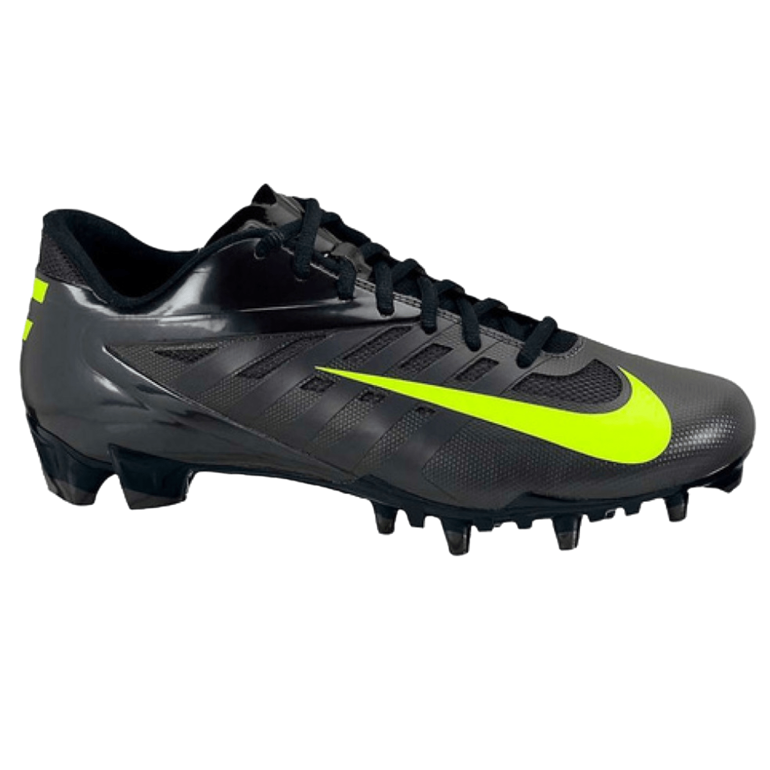 The Nike Vapor Pro Low Cleats, designed by Nike, are black lacrosse cleats featuring a bright yellow swoosh logo. They boast a sleek design and lightweight construction, offering multiple studs on the sole for enhanced traction.
