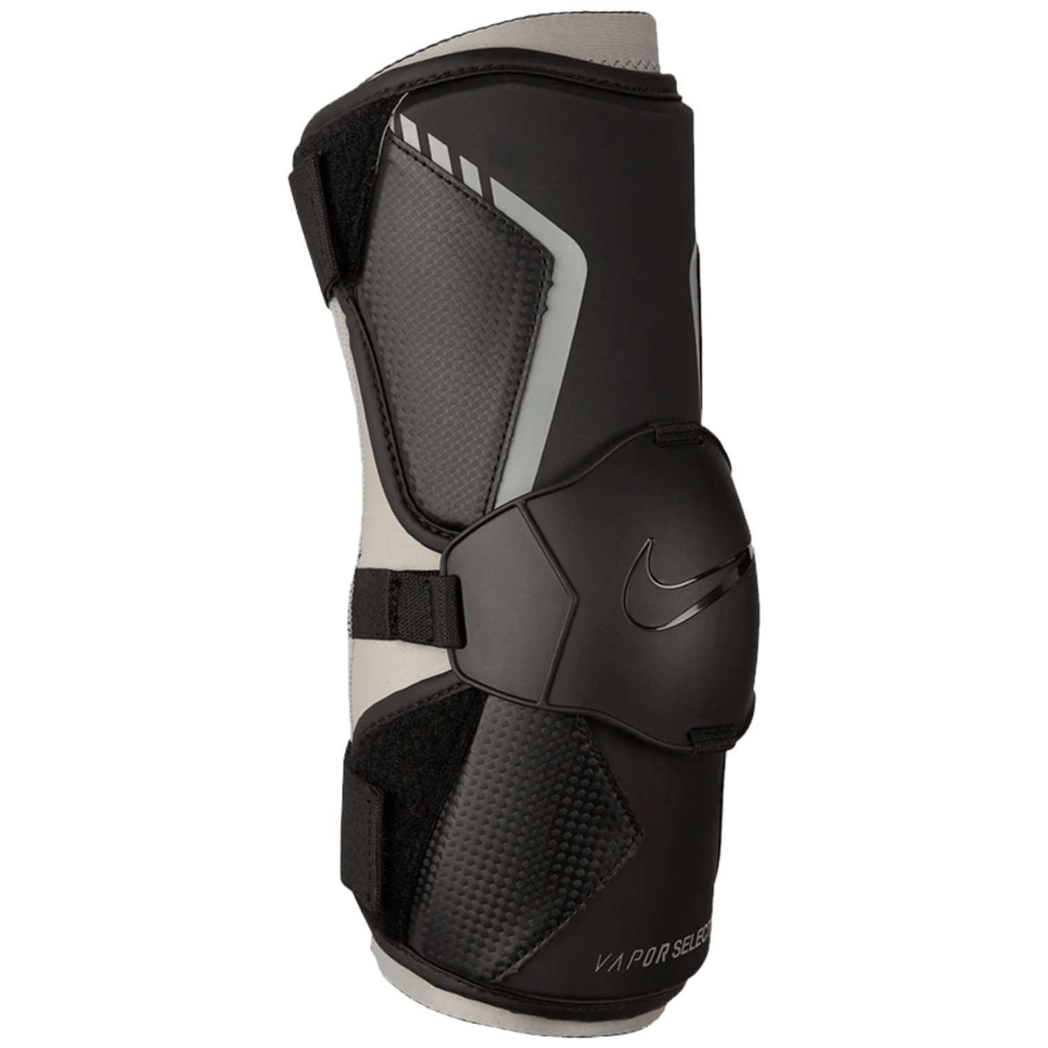 The Nike Vapor Select Arm Guards, perfect for intermediate play, come in a stylish black and gray design featuring a prominent logo on the front. They are crafted with carbon fiber textures and include adjustable straps to ensure a secure fit, offering top-tier protection and style.